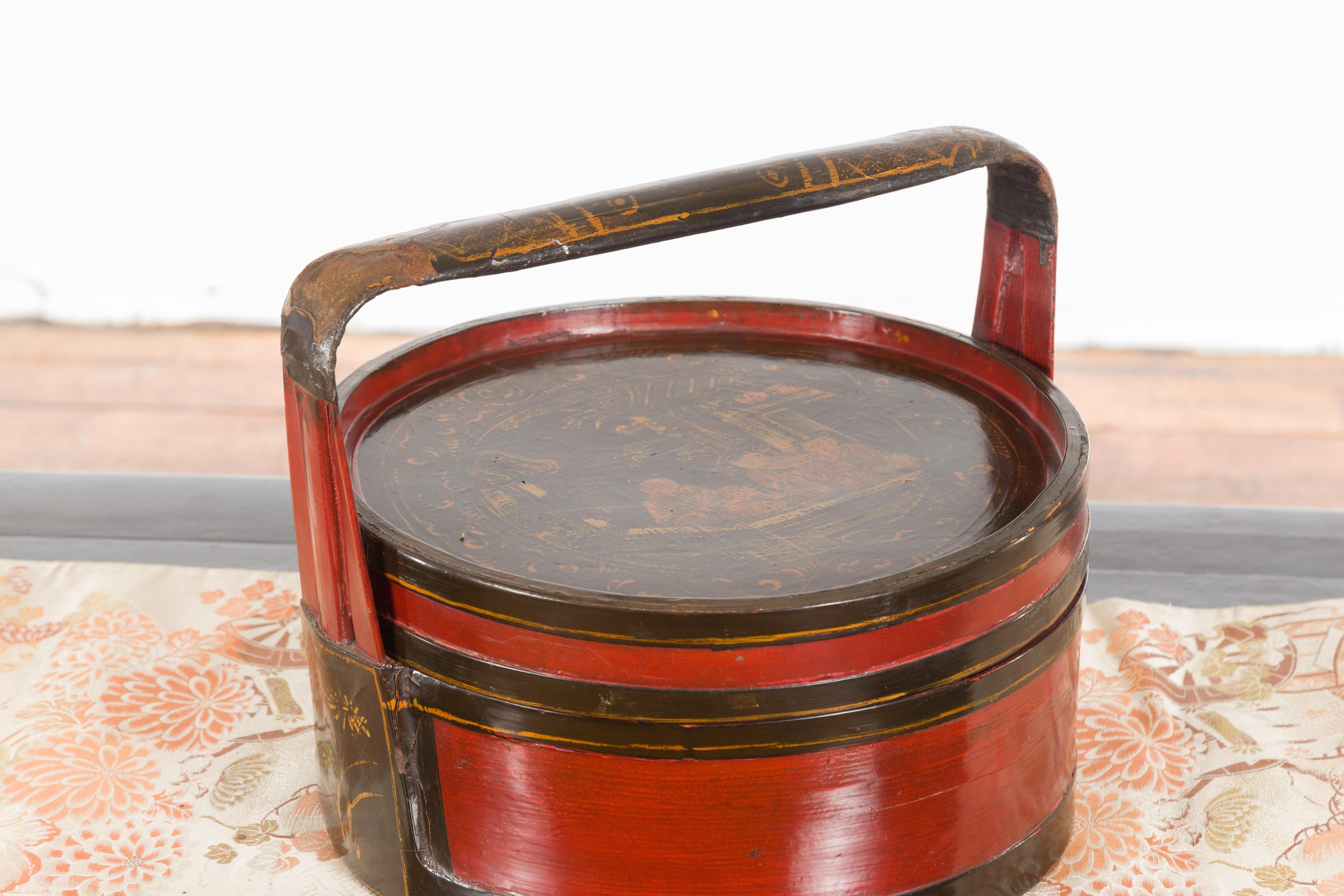 Wood Chinese Vintage Black and Red Round Picnic Basket with Gilt Chinoiserie Décor For Sale