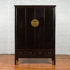 Chinese Vintage Black Lacquer Bi-fold Accordion Door Cabinet with Four Drawers
