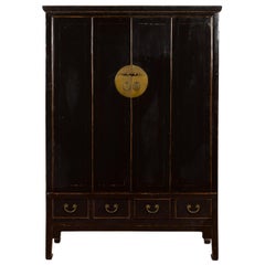 Chinese Vintage Black Lacquer Bi-fold Accordion Door Cabinet with Four Drawers