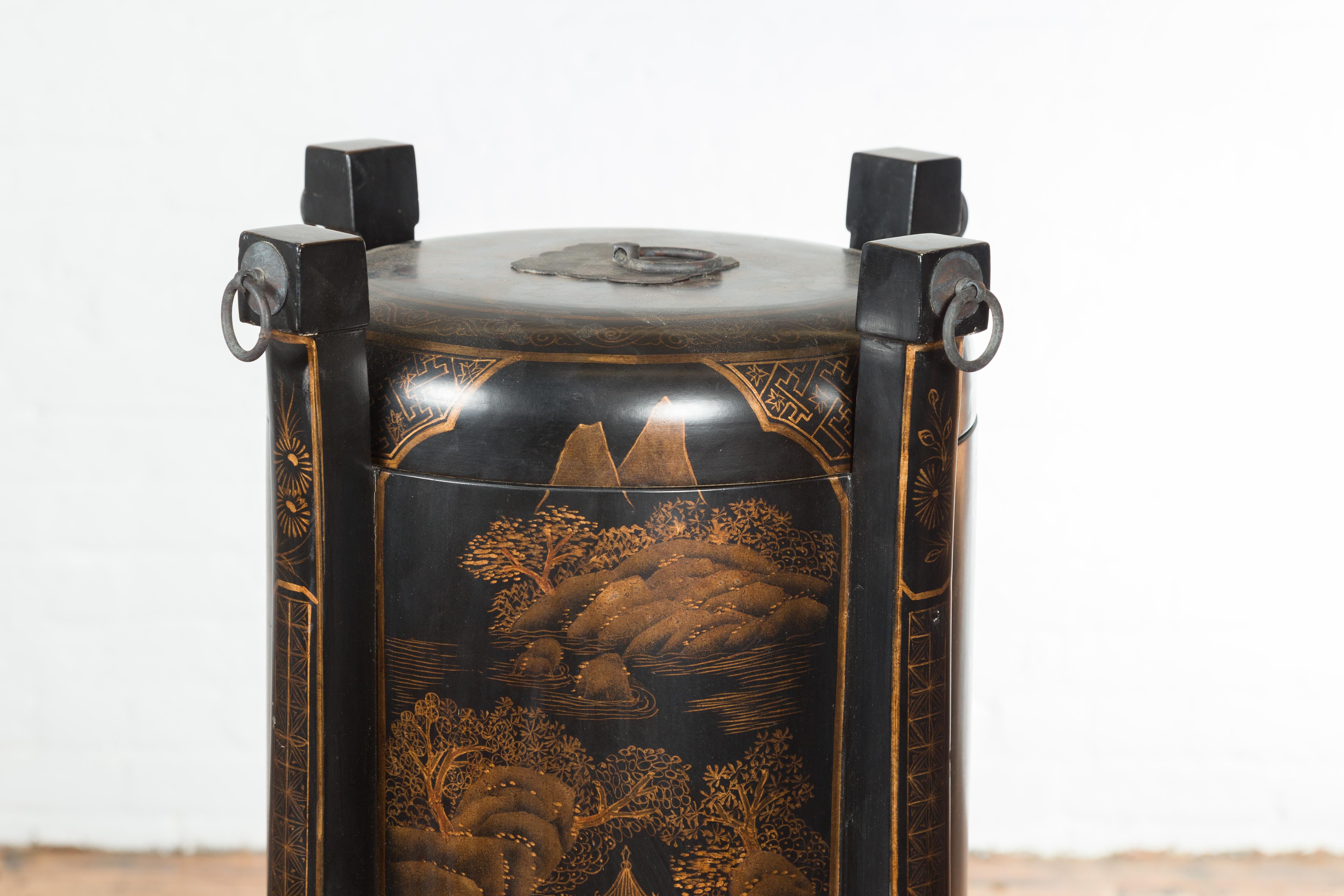 Lacquered Chinese Vintage Black Lacquer Game Box with Gilded Traditional Landscape Scenes For Sale