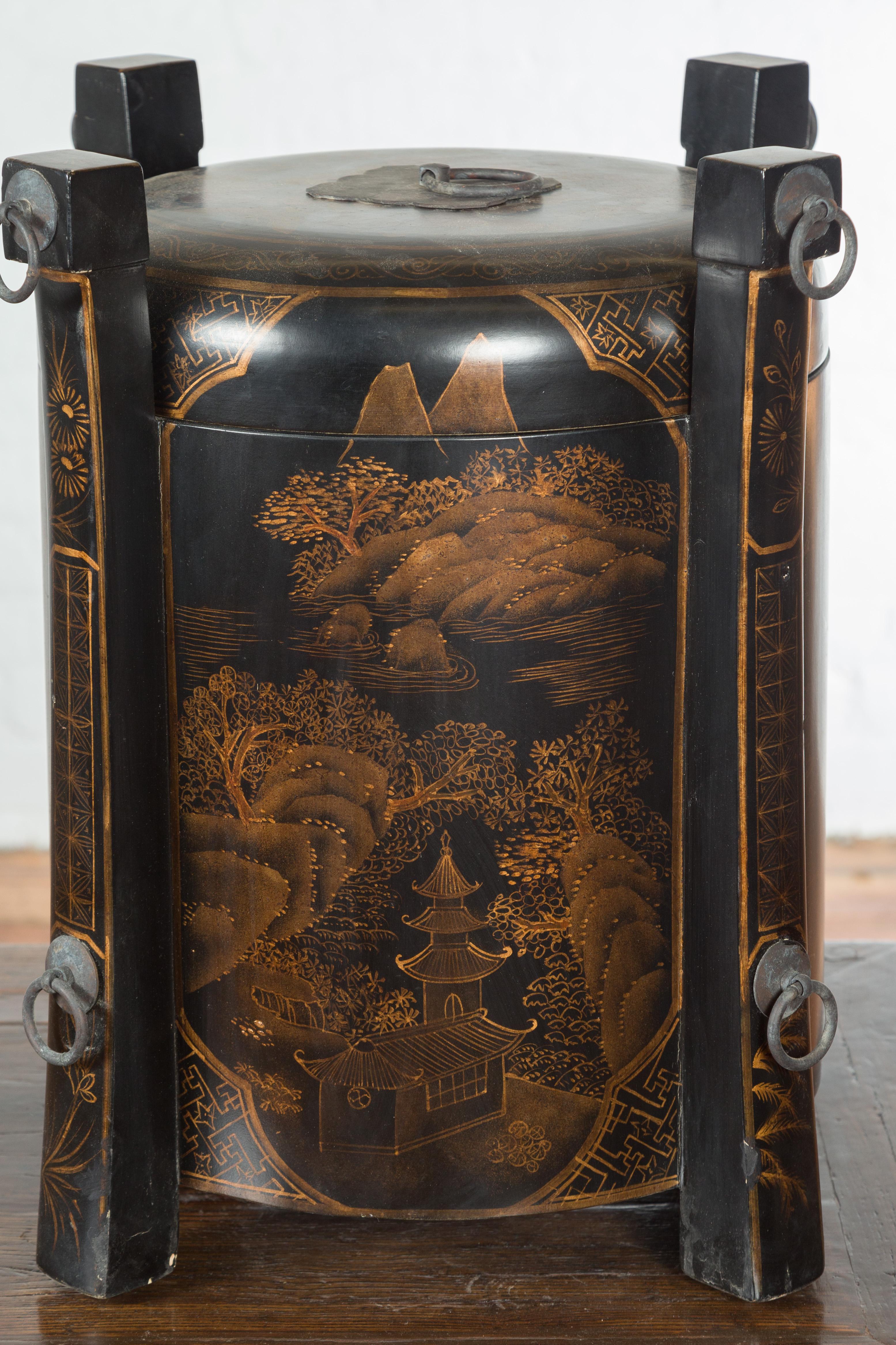 20th Century Chinese Vintage Black Lacquer Game Box with Gilded Traditional Landscape Scenes For Sale