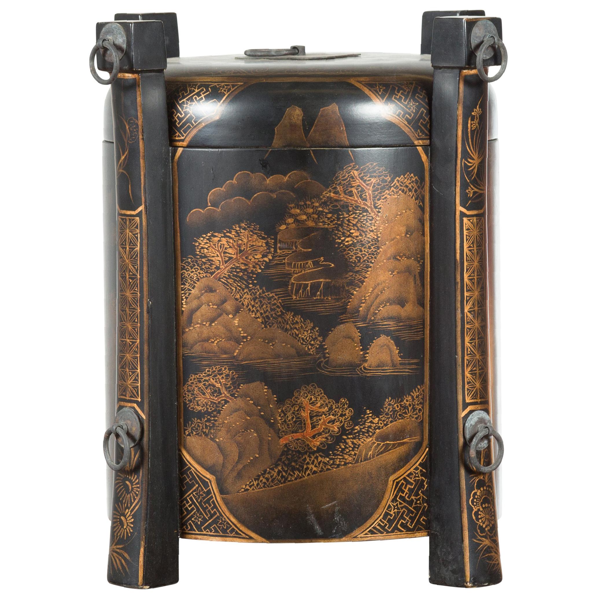 Chinese Vintage Black Lacquer Game Box with Gilded Traditional Landscape Scenes For Sale