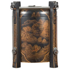 Chinese Vintage Black Lacquer Game Box with Gilded Traditional Landscape Scenes