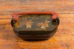 Chinese Vintage Black Lacquer Lidded Box with Hand-Painted Chinoiserie Décor