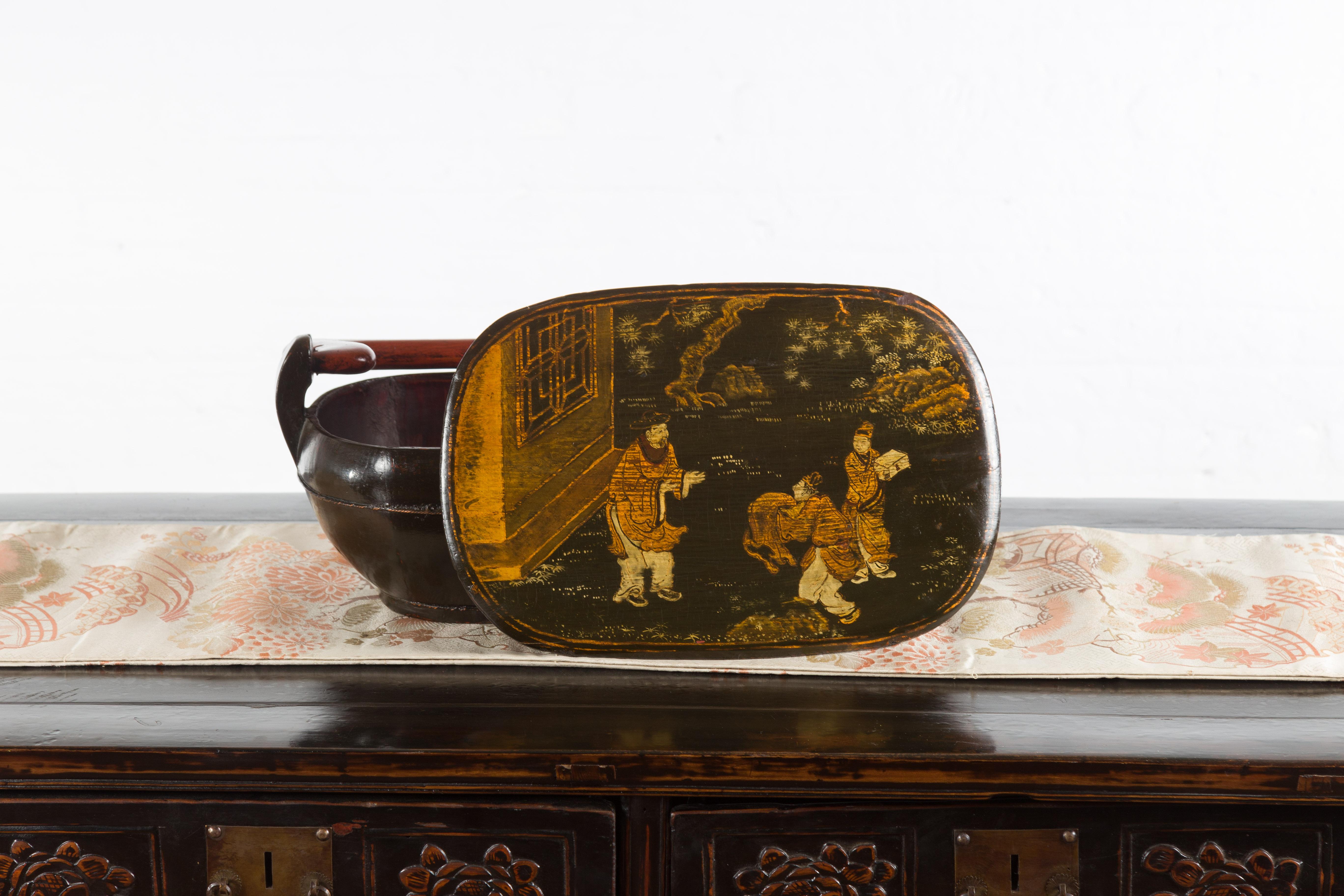 20ième siècle Boîte à couvercle en laque noire vintage chinoise avec décor de chinoiserie peint à la main en vente