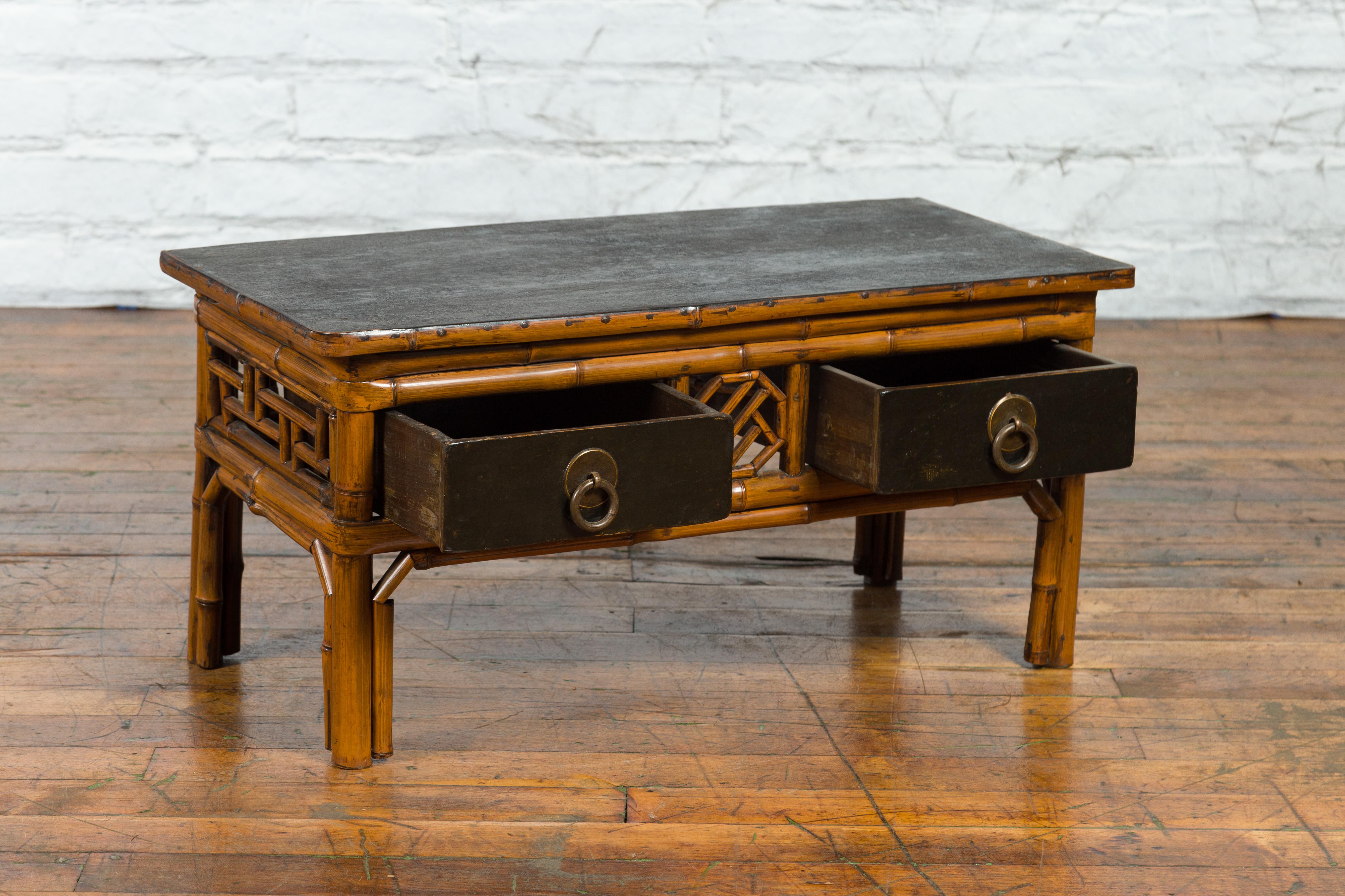 Chinese Vintage Black Lacquered Elmwood and Bamboo Side Table with Fretwork For Sale 7