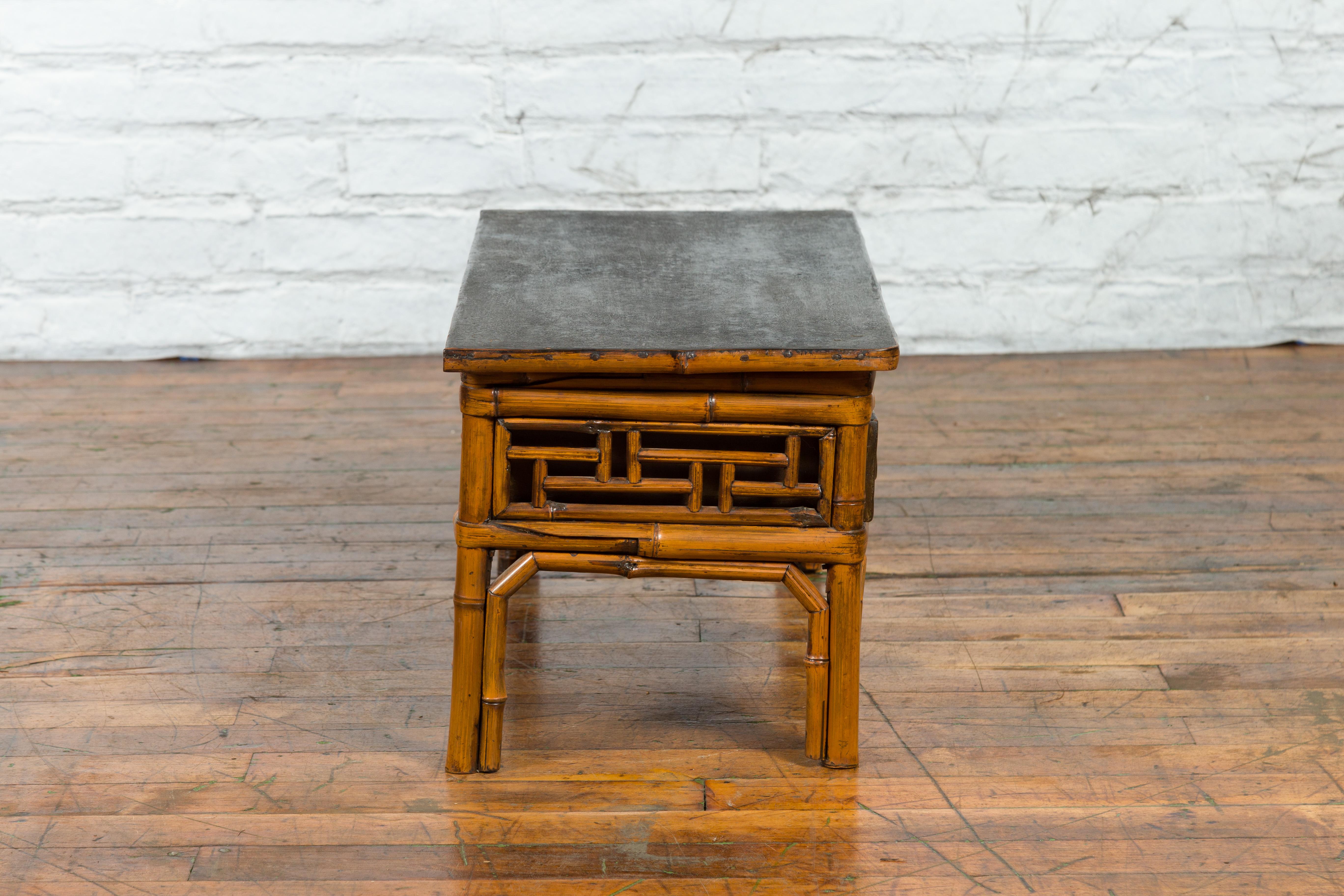 Chinese Vintage Black Lacquered Elmwood and Bamboo Side Table with Fretwork For Sale 8