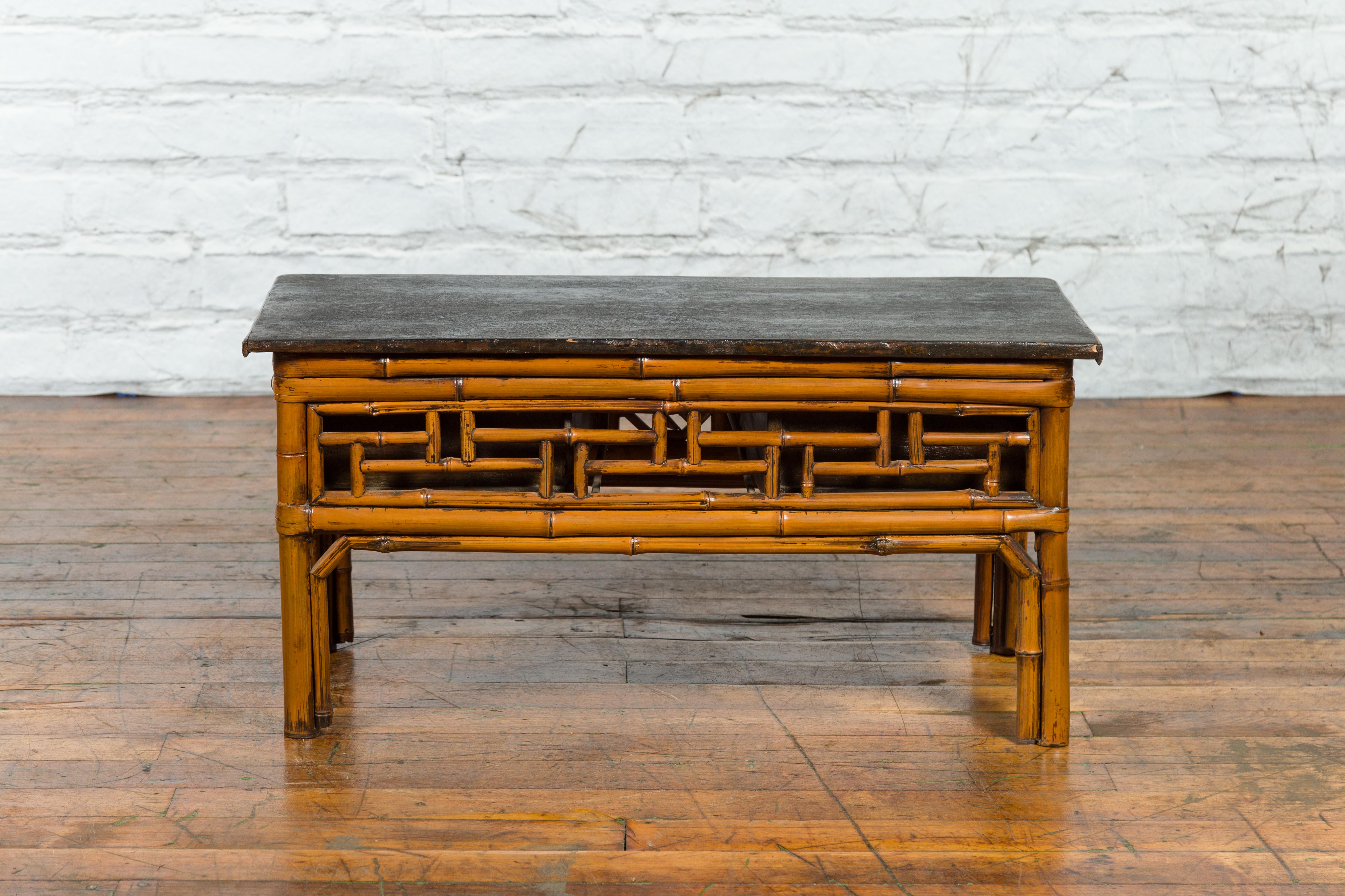 Chinese Vintage Black Lacquered Elmwood and Bamboo Side Table with Fretwork For Sale 9