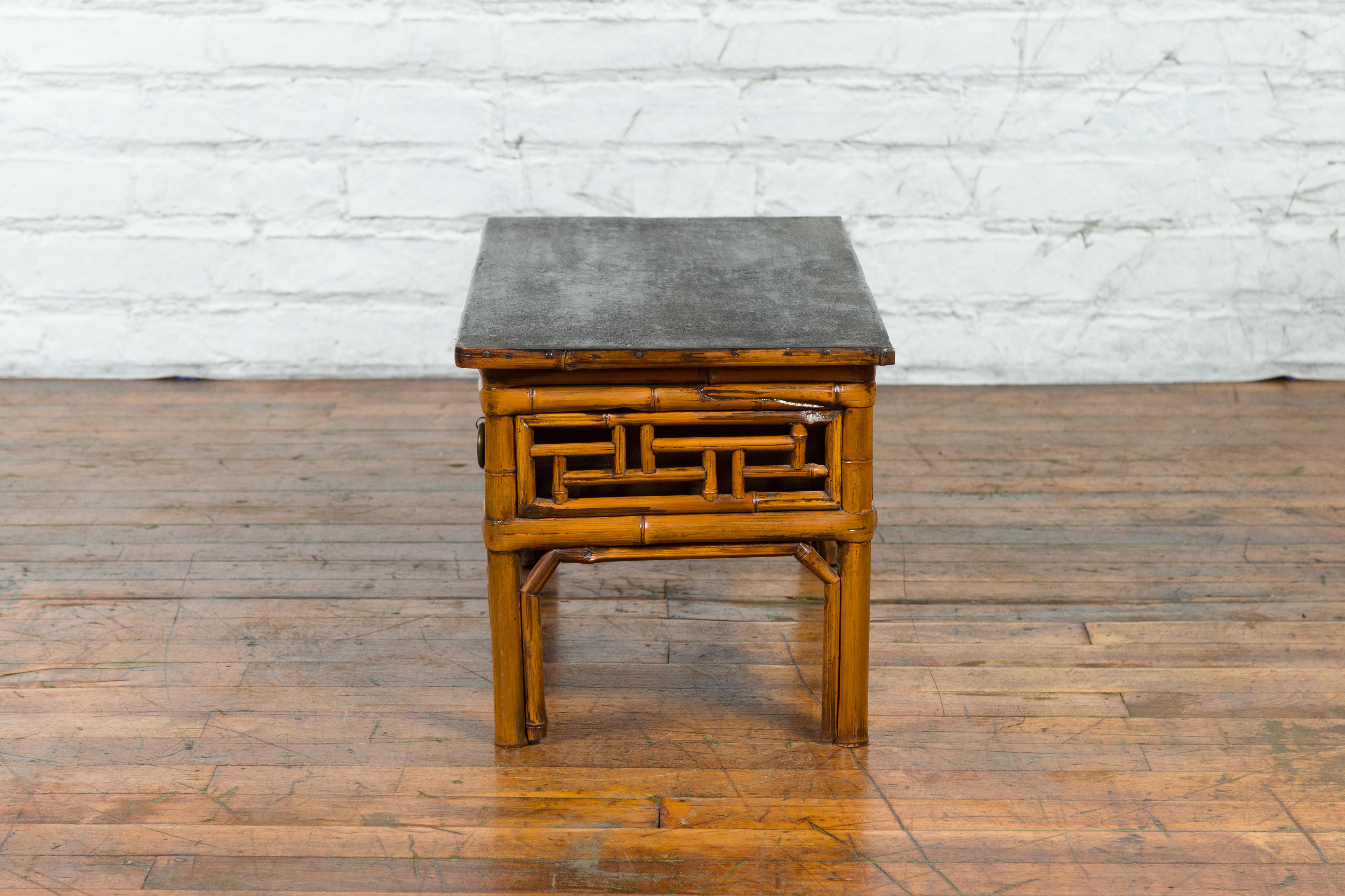 Chinese Vintage Black Lacquered Elmwood and Bamboo Side Table with Fretwork For Sale 10