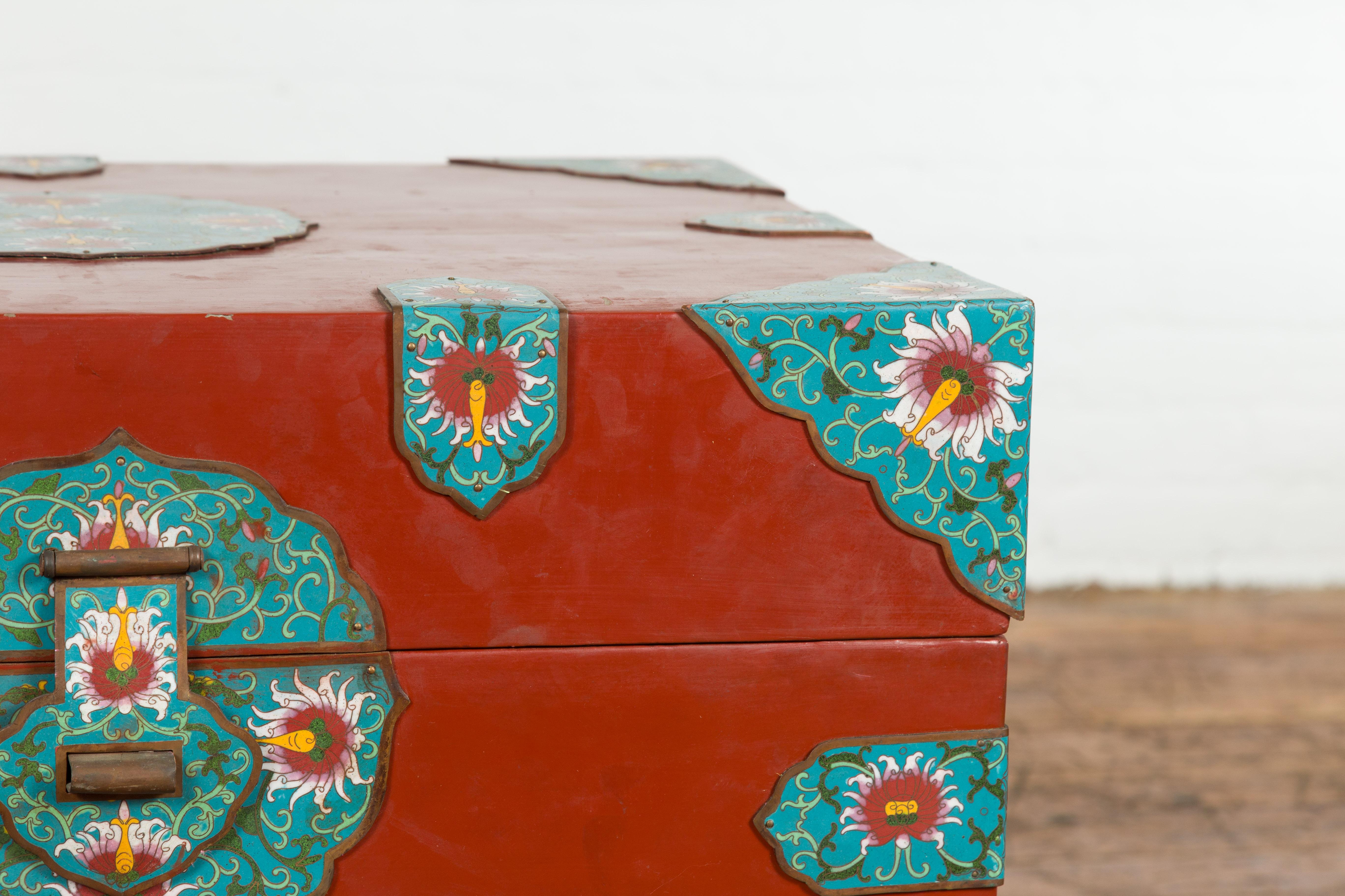 Chinese Vintage Blanket Chest with Red Lacquer and Cloisonné Floral Décor For Sale 4