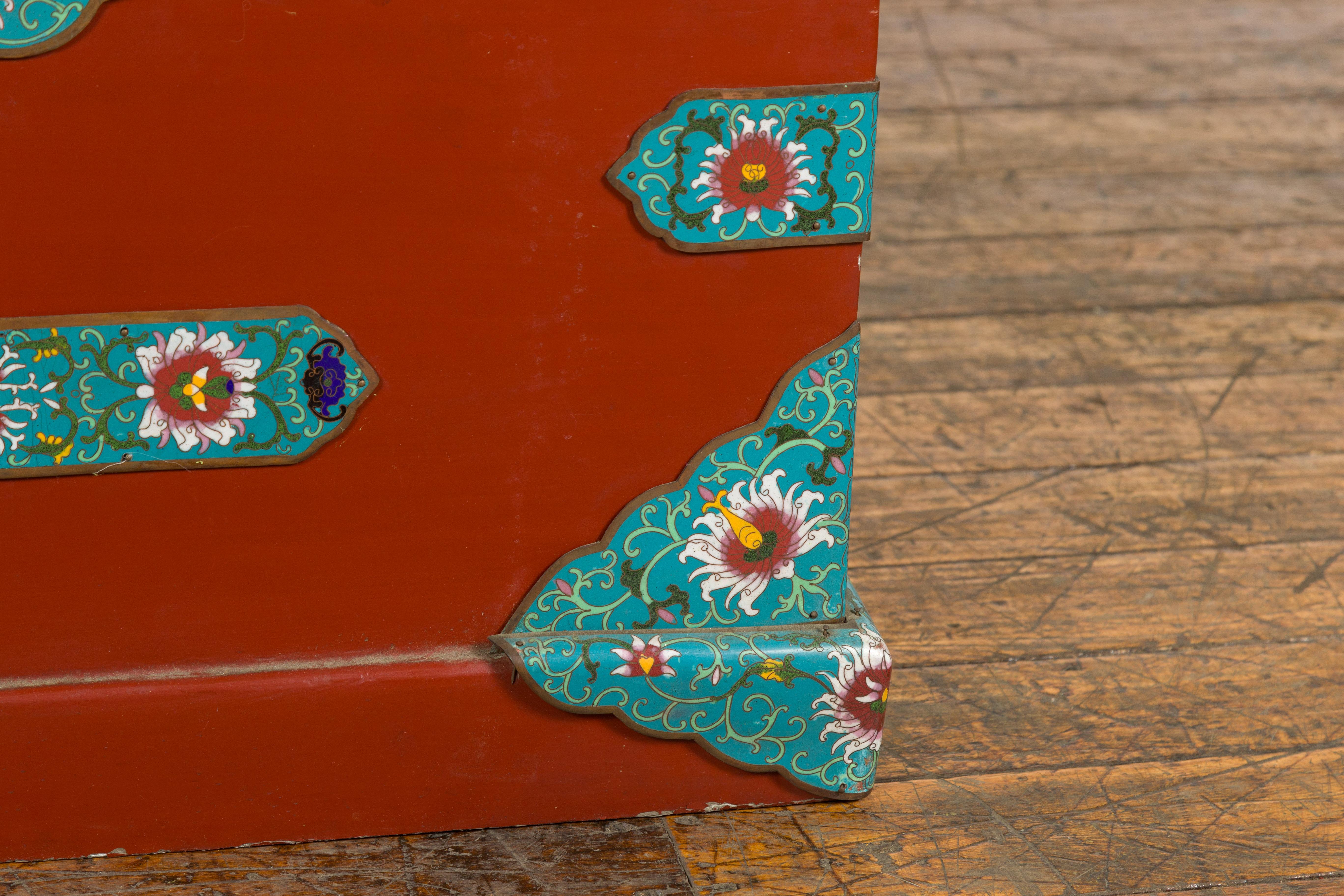 Chinese Vintage Blanket Chest with Red Lacquer and Cloisonné Floral Décor For Sale 7