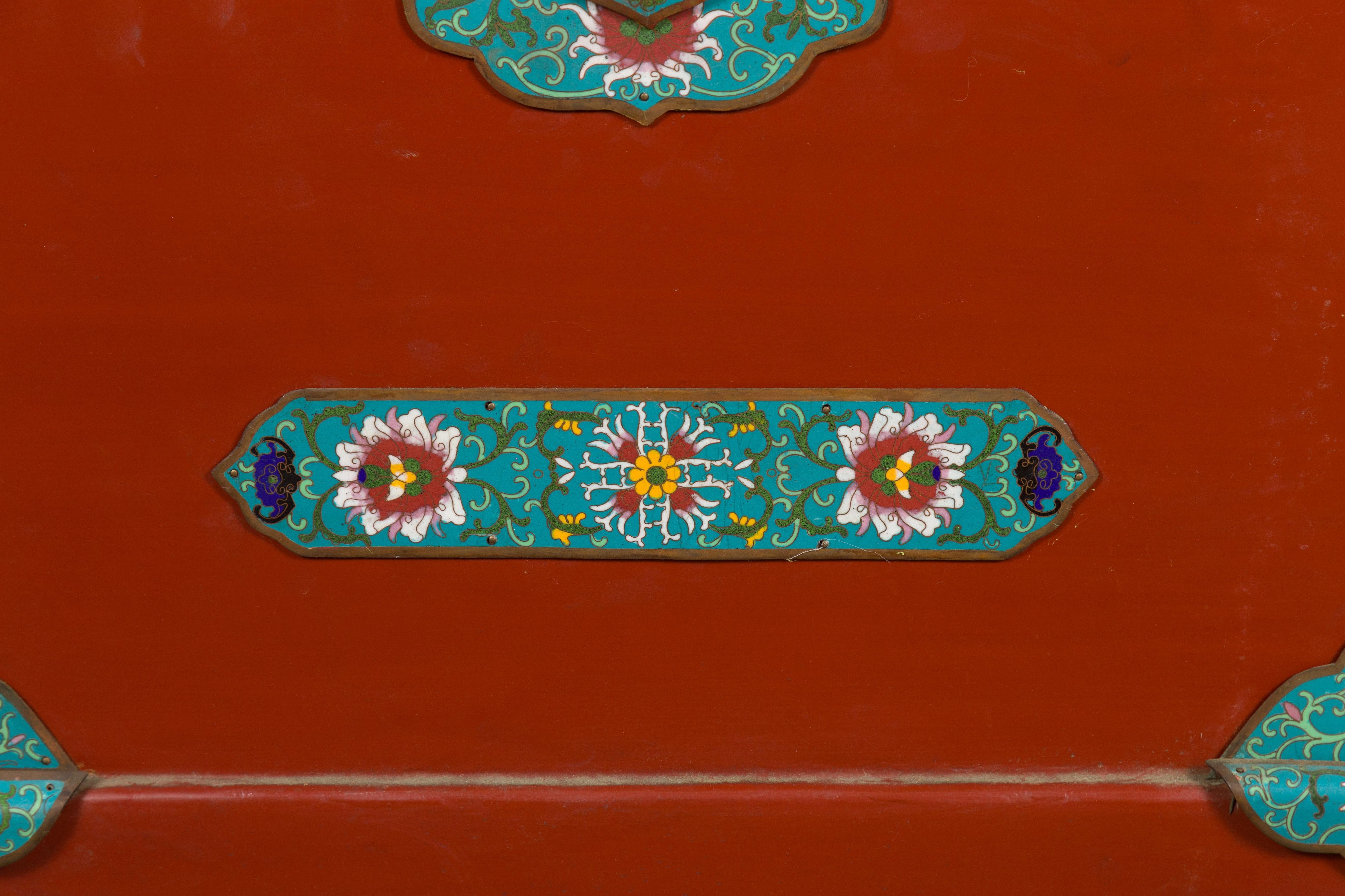 Chinese Vintage Blanket Chest with Red Lacquer and Cloisonné Floral Décor For Sale 8