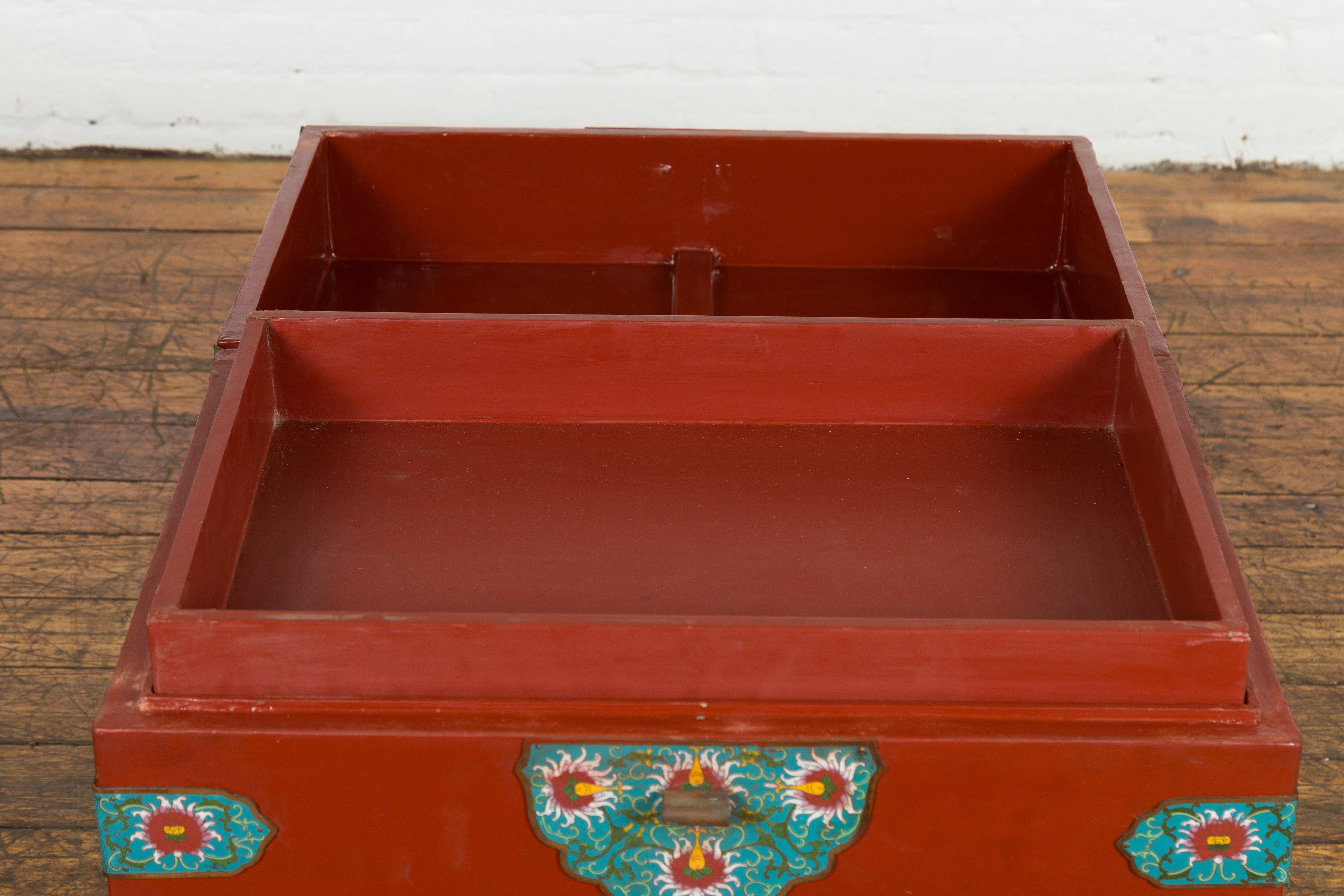 Chinese Vintage Blanket Chest with Red Lacquer and Cloisonné Floral Décor For Sale 9