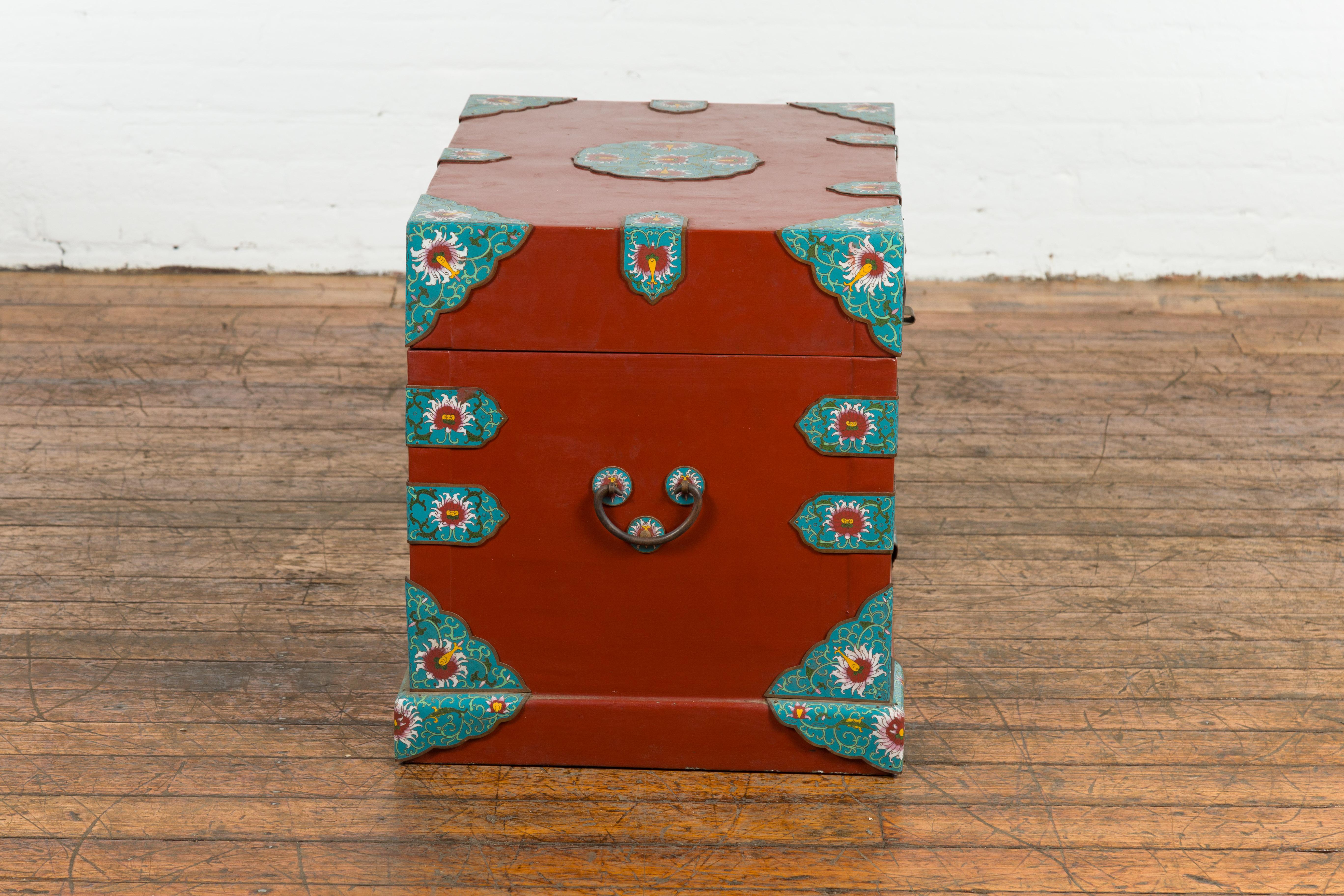 Chinese Vintage Blanket Chest with Red Lacquer and Cloisonné Floral Décor For Sale 11