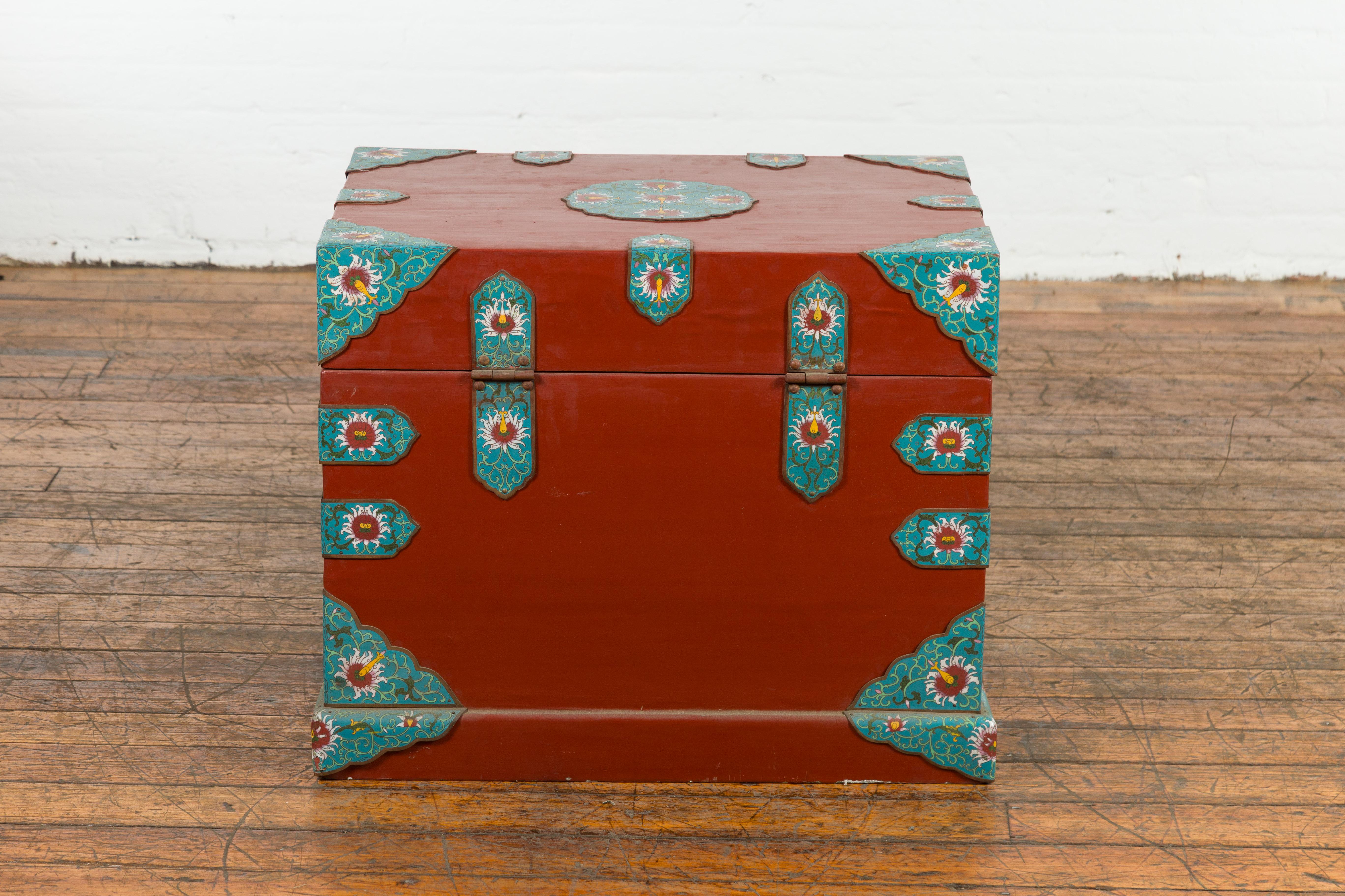 Chinese Vintage Blanket Chest with Red Lacquer and Cloisonné Floral Décor For Sale 12