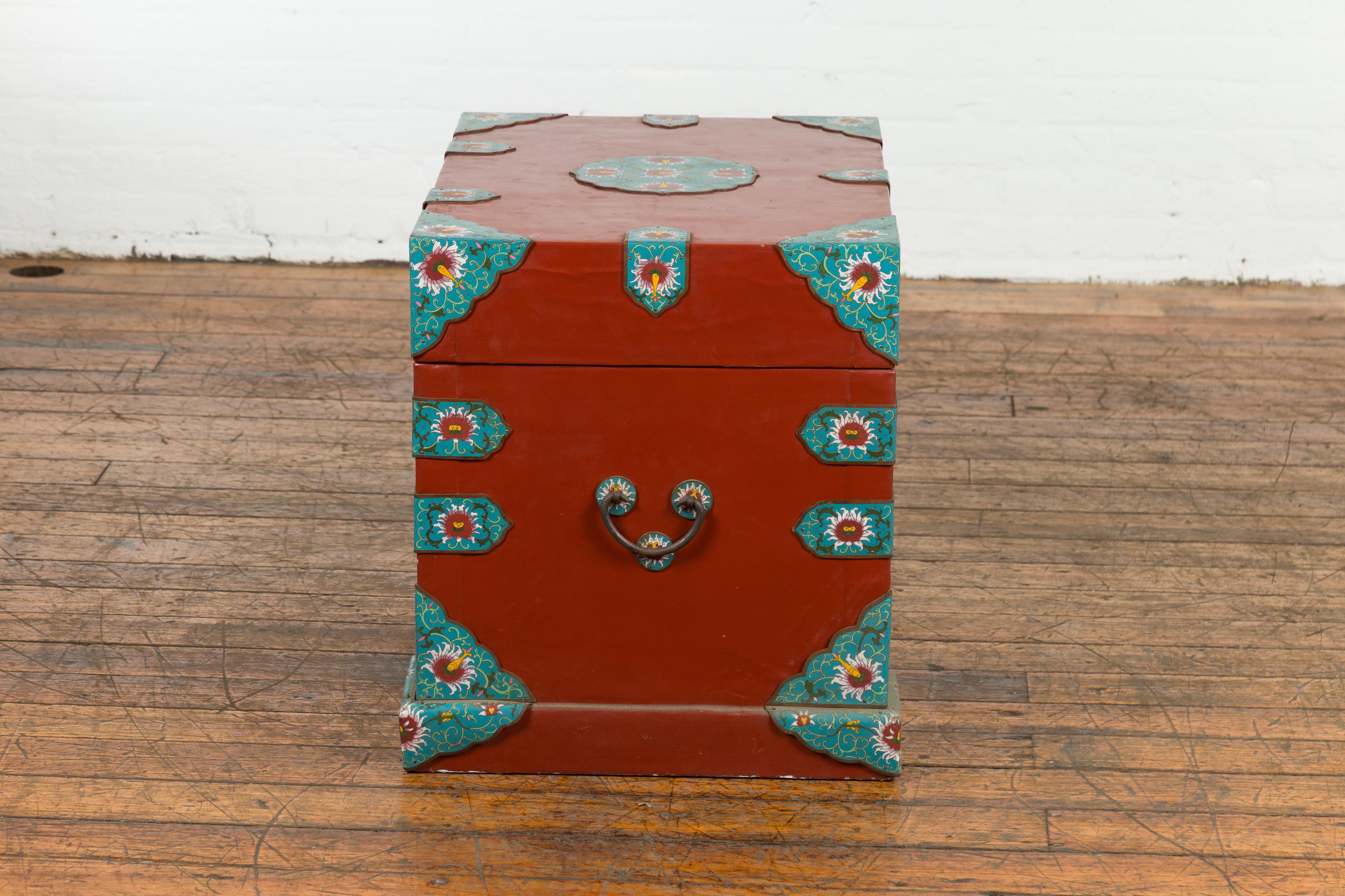 Chinese Vintage Blanket Chest with Red Lacquer and Cloisonné Floral Décor For Sale 13