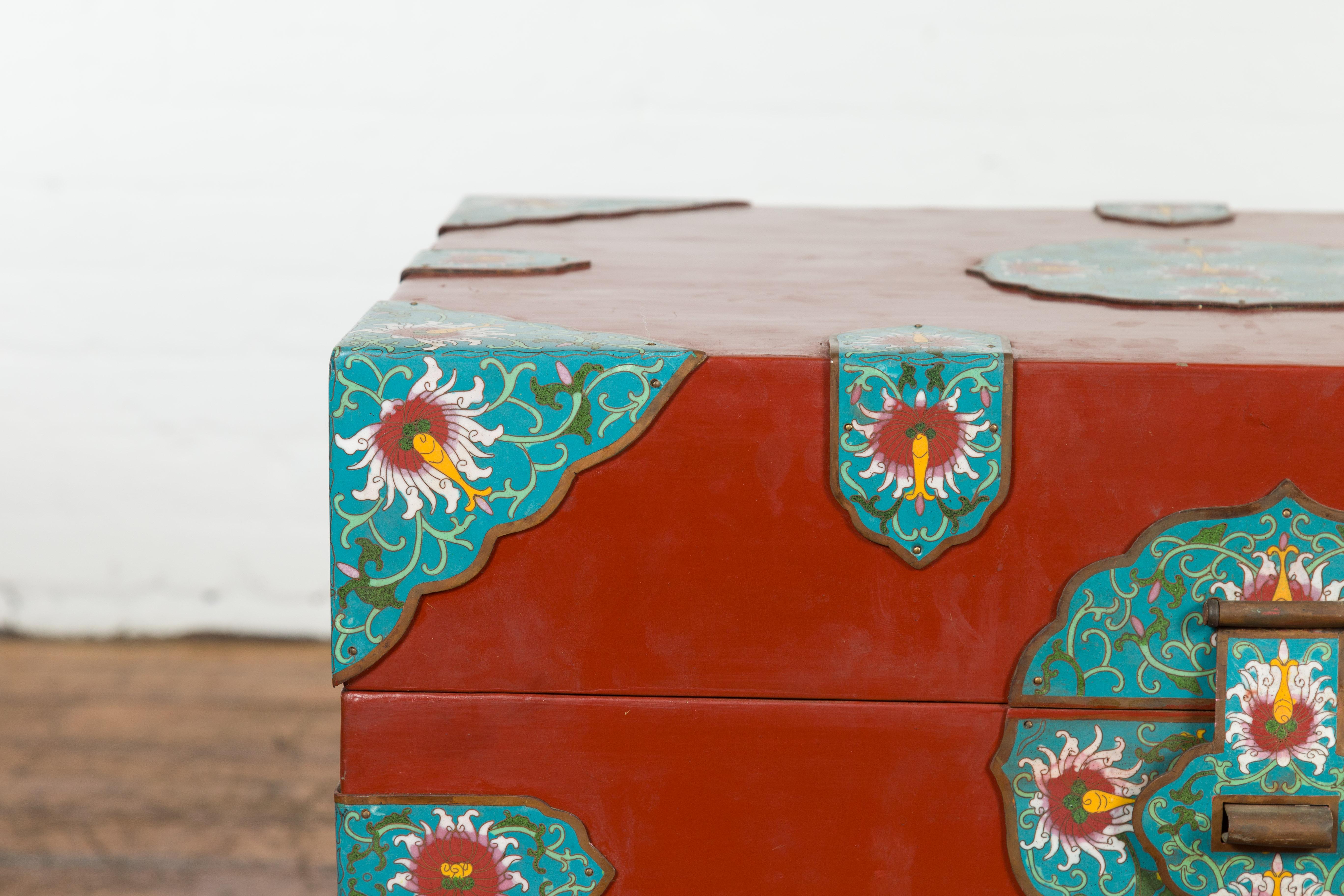 Chinese Vintage Blanket Chest with Red Lacquer and Cloisonné Floral Décor For Sale 3