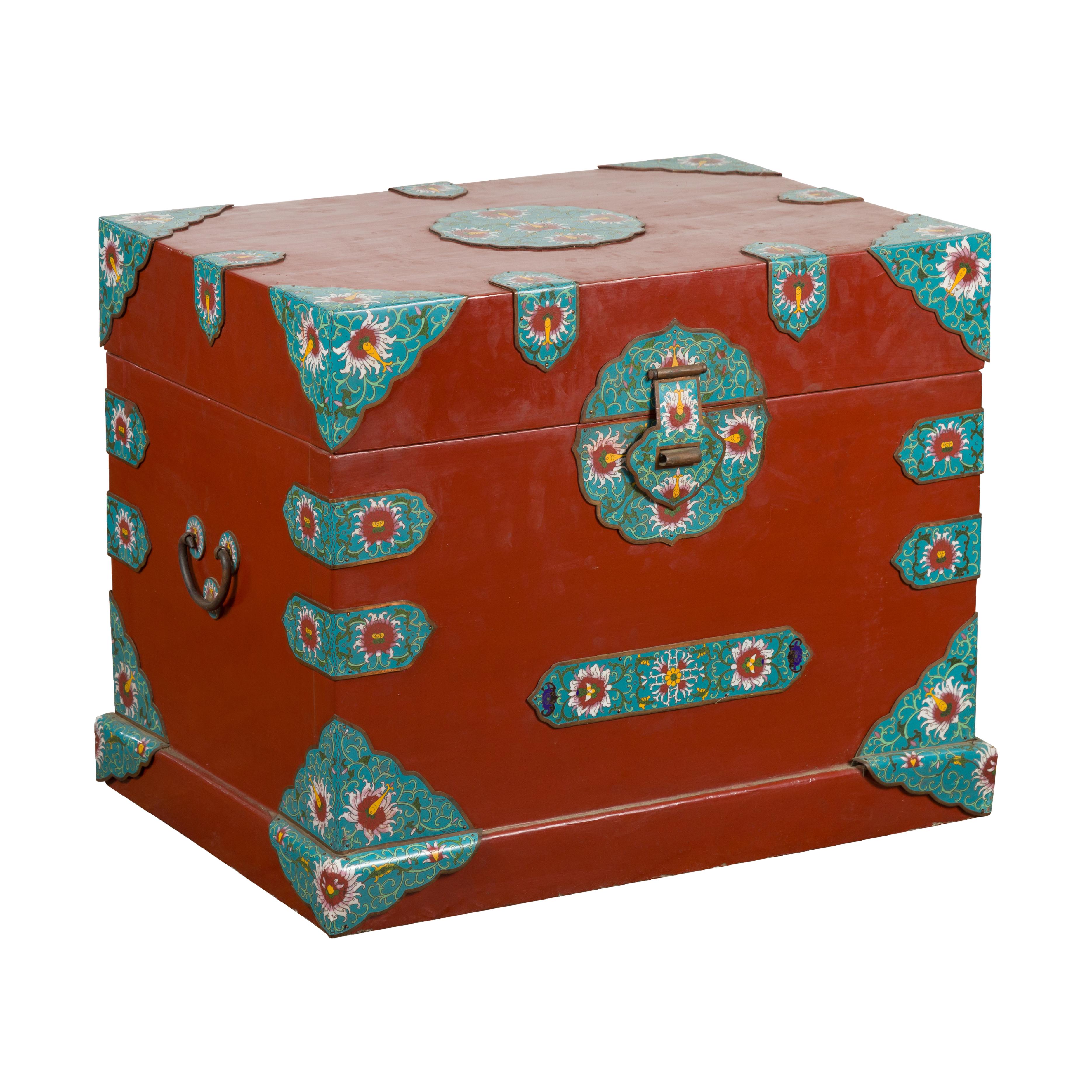 Chinese Vintage Blanket Chest with Red Lacquer and Cloisonné Floral Décor For Sale