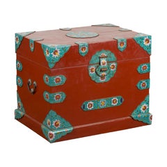 Chinese Antique Blanket Chest with Red Lacquer and Cloisonné Floral Décor