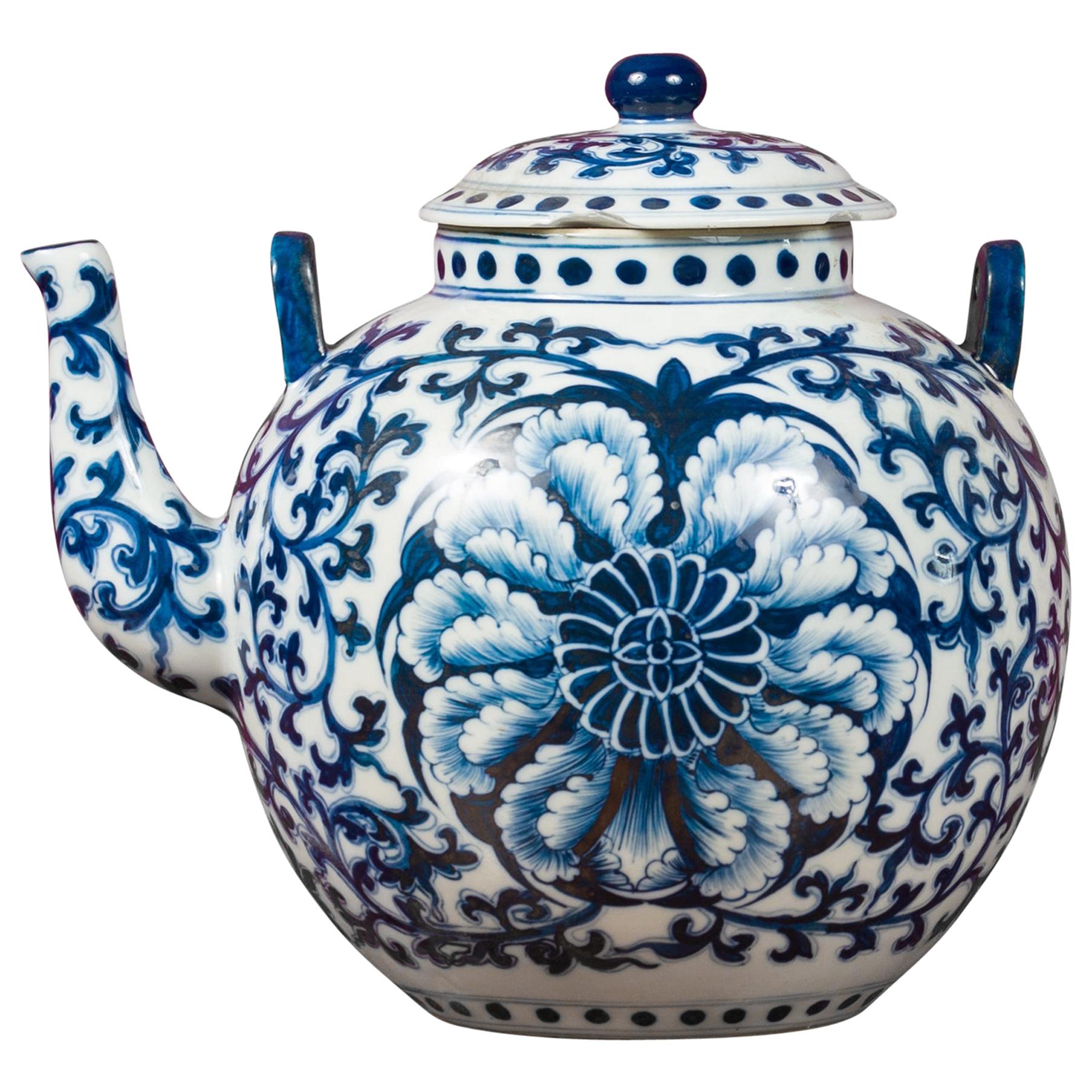 Chinese Vintage Blue and White Porcelain Teapot with Scrolling Foliage Decor