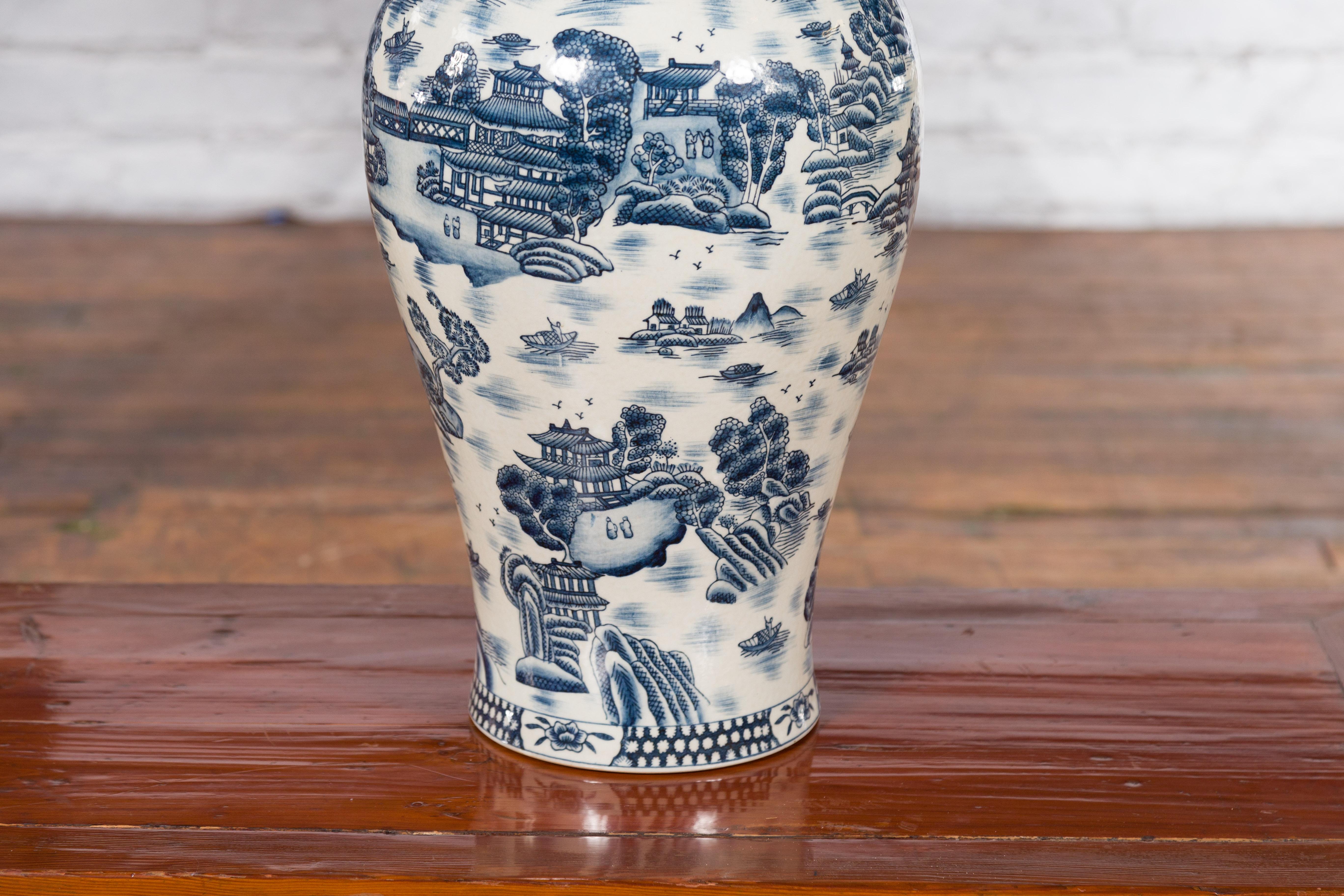 20th Century Chinese Vintage Blue and White Porcelain Vase with Landscapes and Architectures For Sale