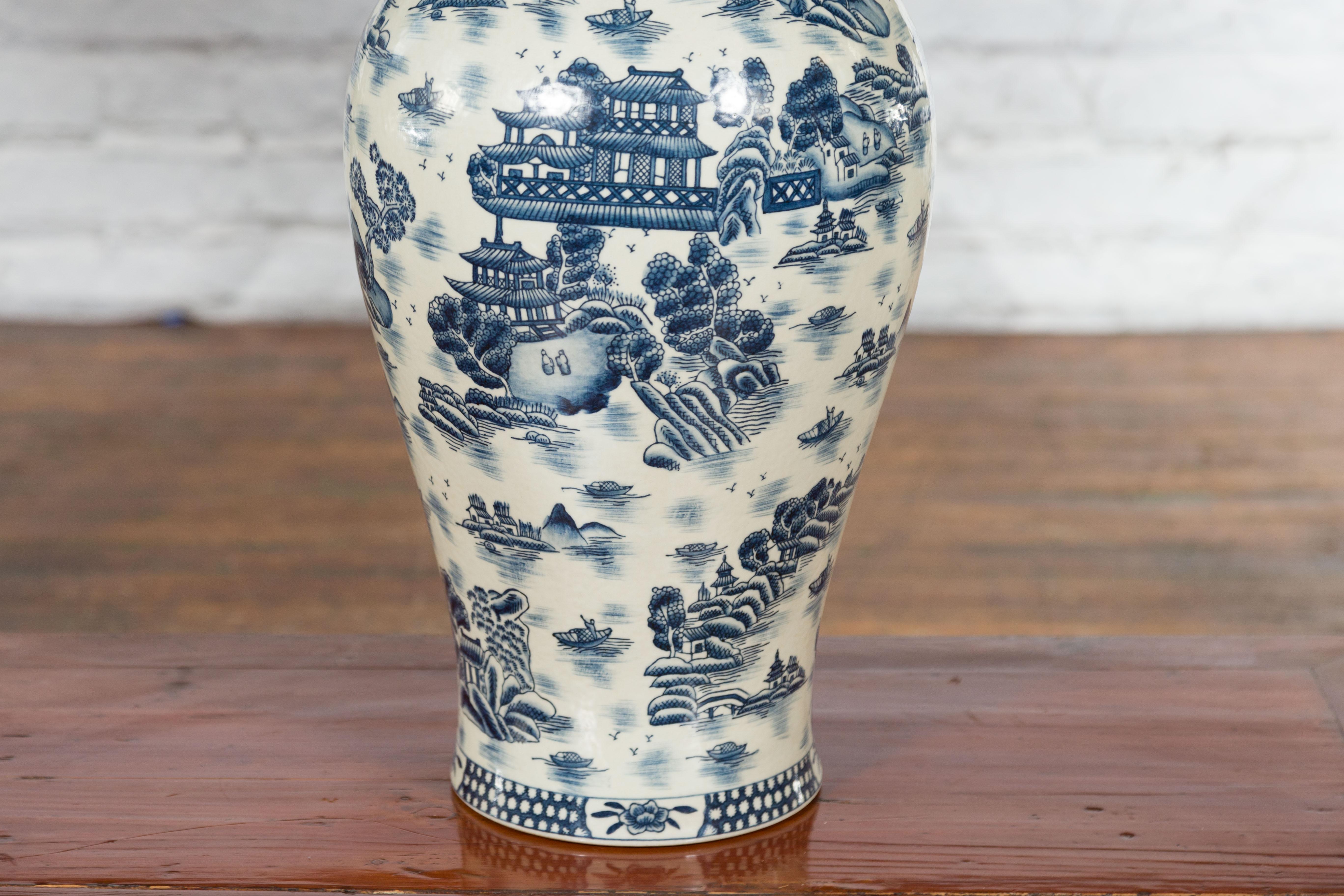 20th Century Chinese Vintage Blue and White Porcelain Vase with Landscapes and Architectures For Sale