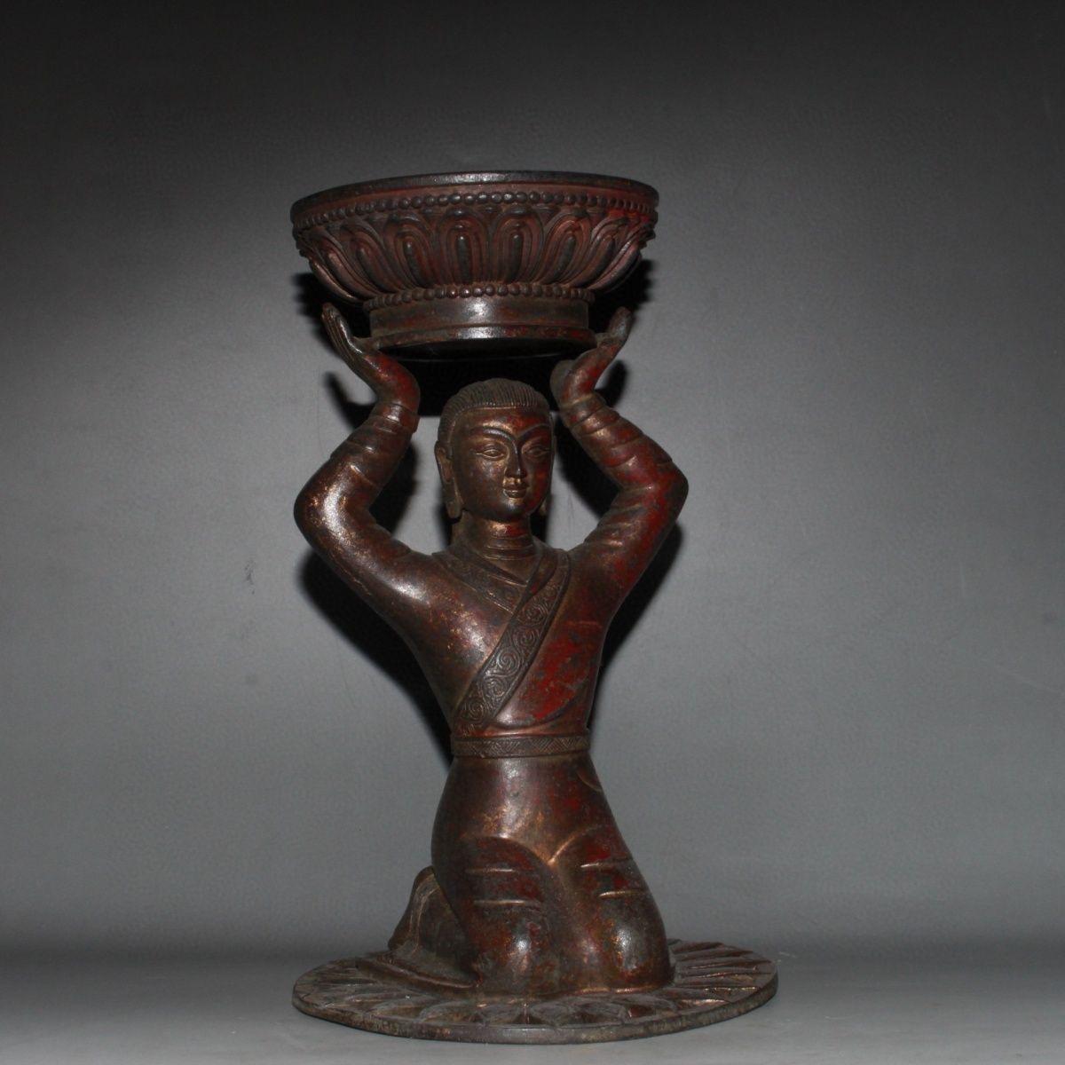 19th Century Chinese Vintage Bronze Kneeling Down Buddha Candle Holder Statue For Sale
