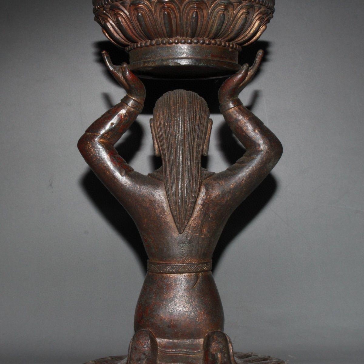 Chinese Vintage Bronze Kneeling Down Buddha Candle Holder Statue For Sale 1