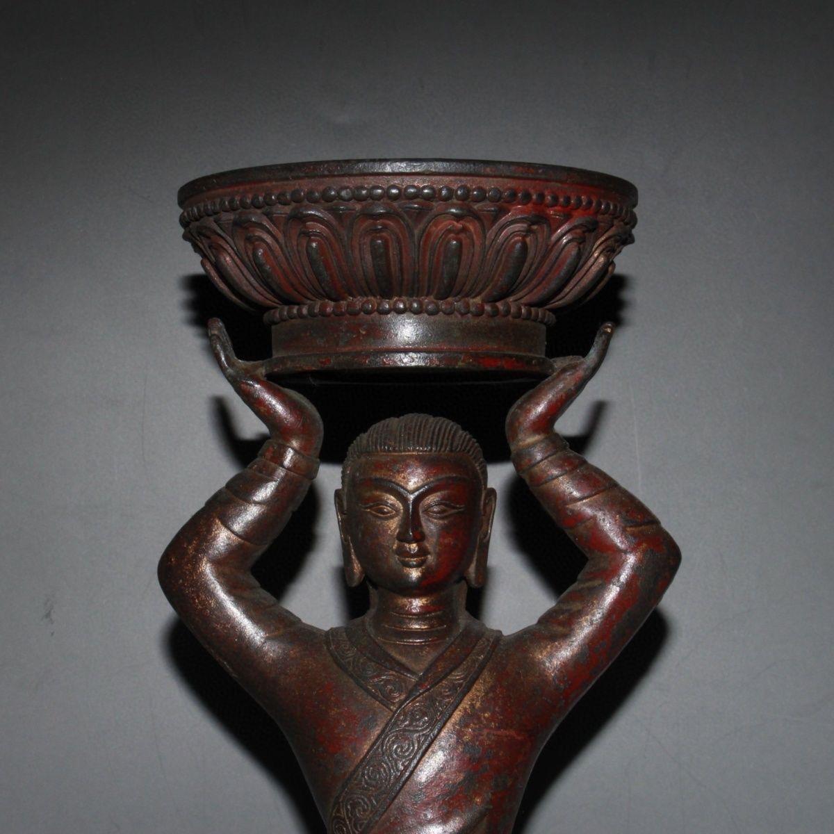 Chinese Vintage Bronze Kneeling Down Buddha Candle Holder Statue For Sale 2