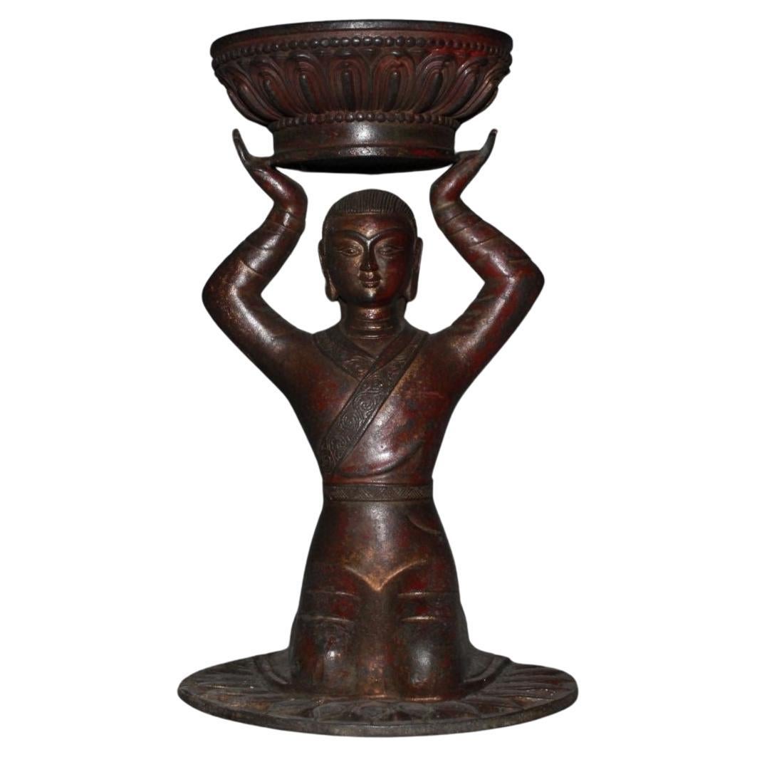 Chinese Vintage Bronze Kneeling Down Buddha Candle Holder Statue For Sale