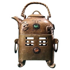Chinese Vintage Bronze Longevity Patterns Teapot Wine Pot with Stool Stand