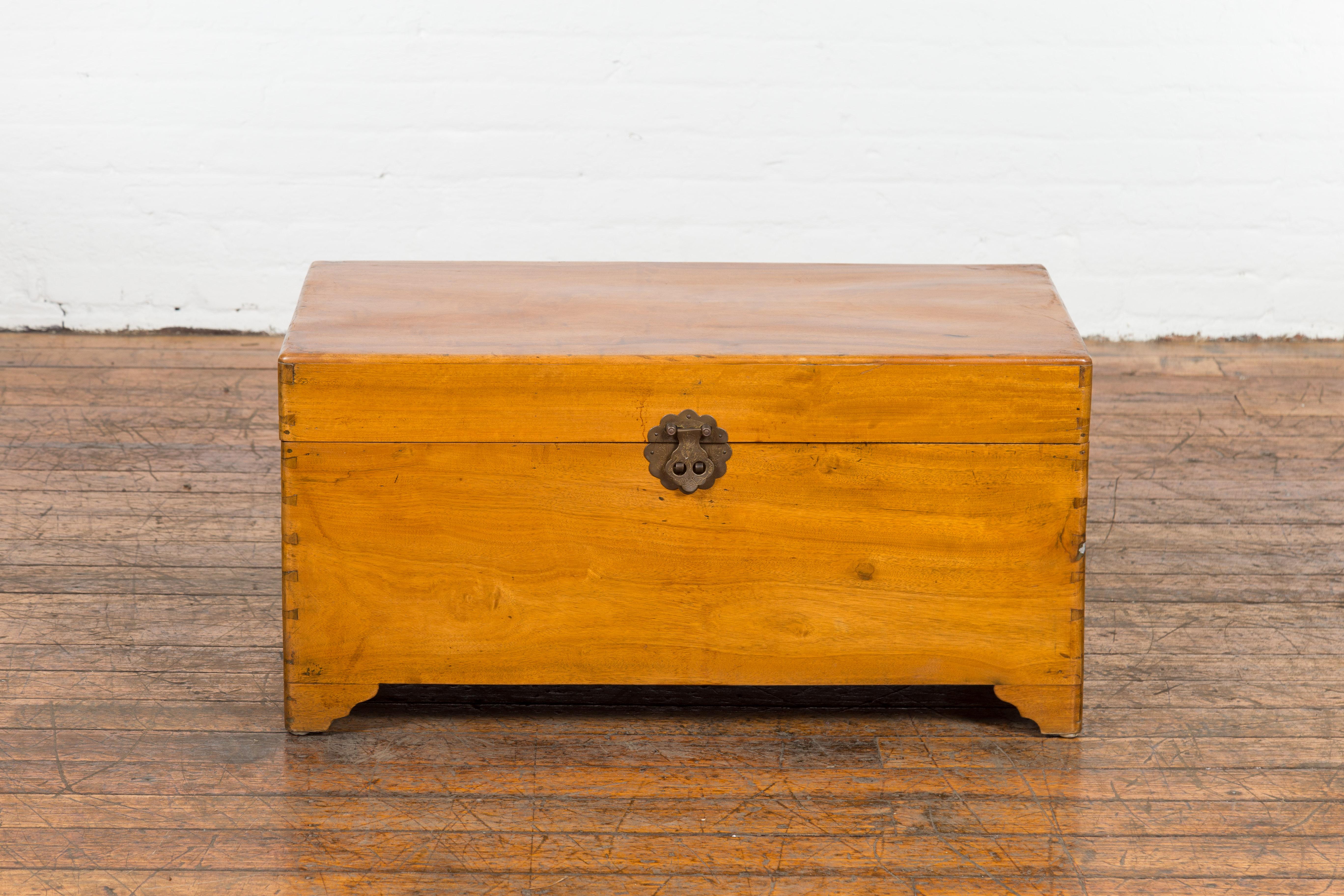 Carved Chinese Vintage Camphor Wood Blanket Chest with Brass Hardware For Sale