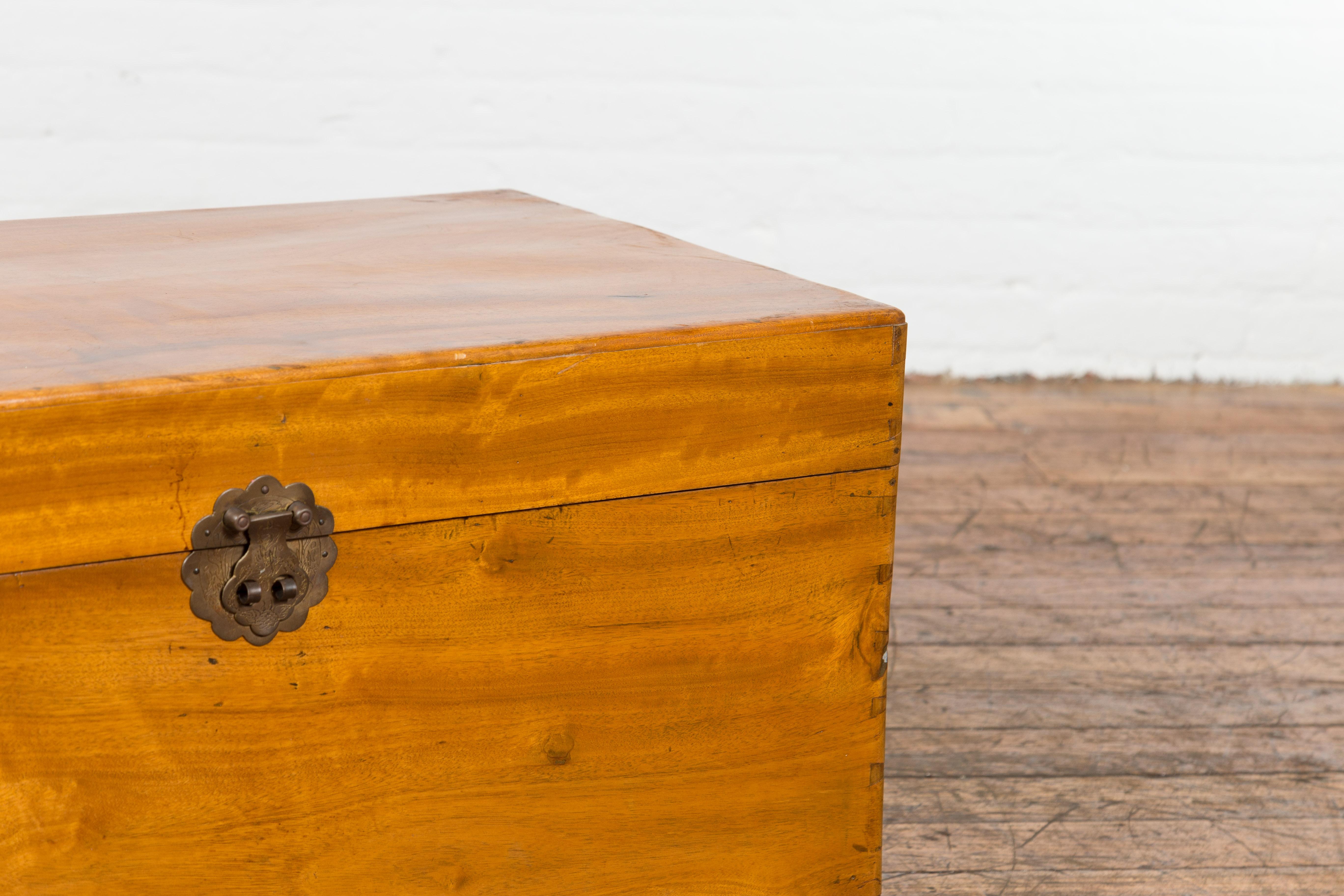 Chinese Vintage Camphor Wood Blanket Chest with Brass Hardware For Sale 2