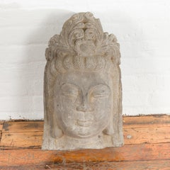Chinese Vintage Carved Stone Bust of Guanyin, Bodhisattva of Compassion