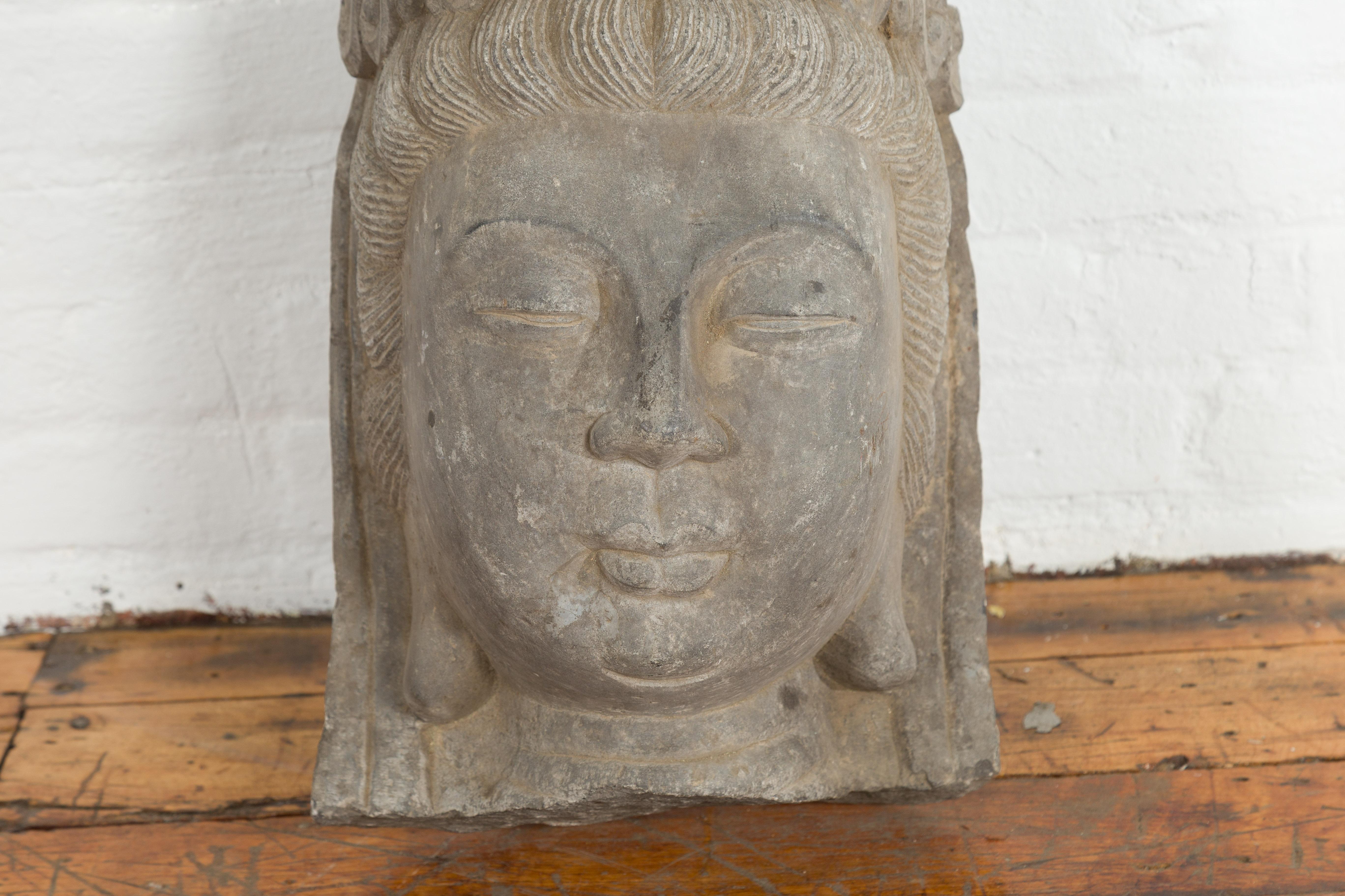 Chinese Vintage Carved Stone Bust of Guanyin, Bodhisattva of Compassion In Good Condition For Sale In Yonkers, NY