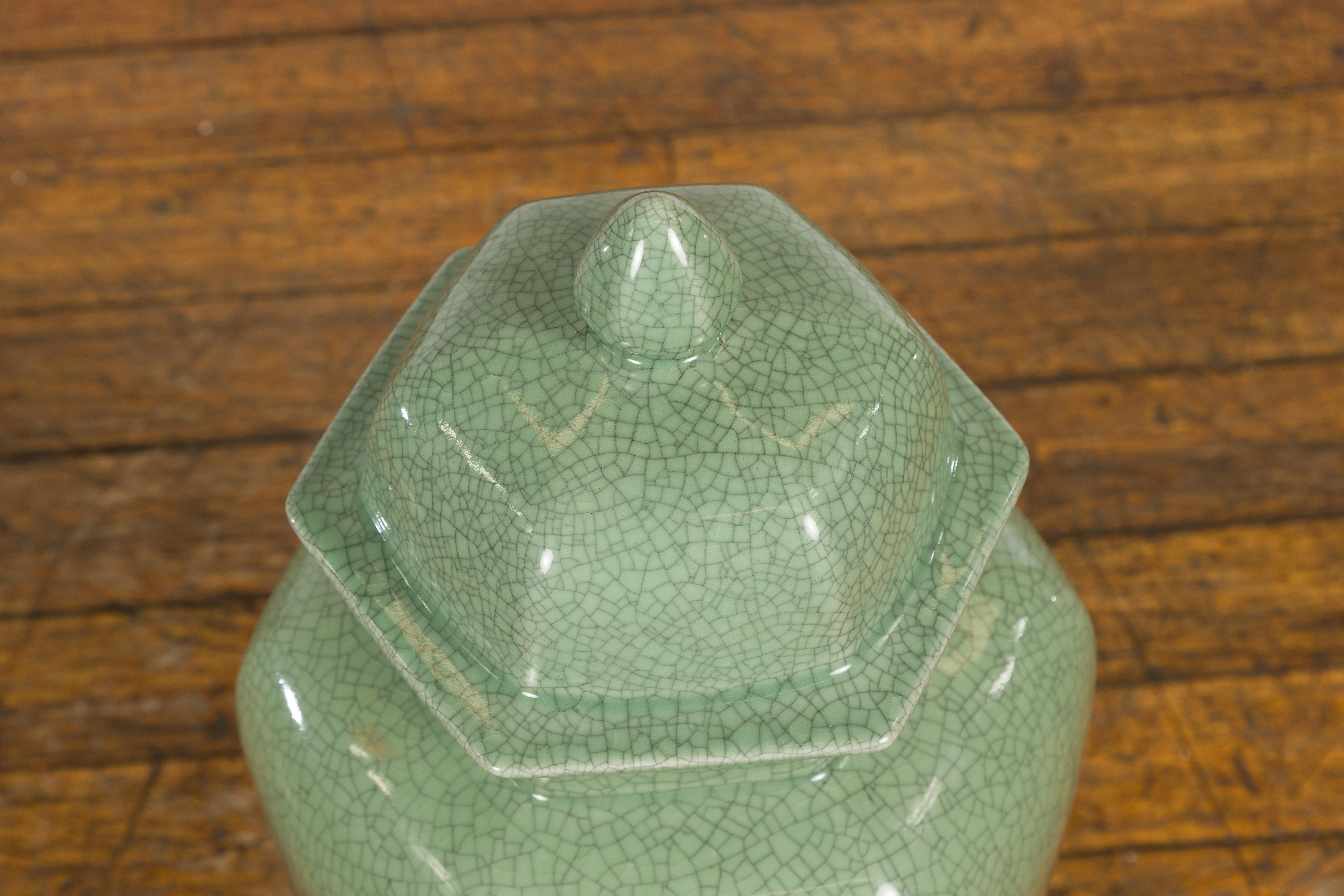 Chinese Vintage Celadon Color Altar Vase with Bud Top and Crackle Design For Sale 5