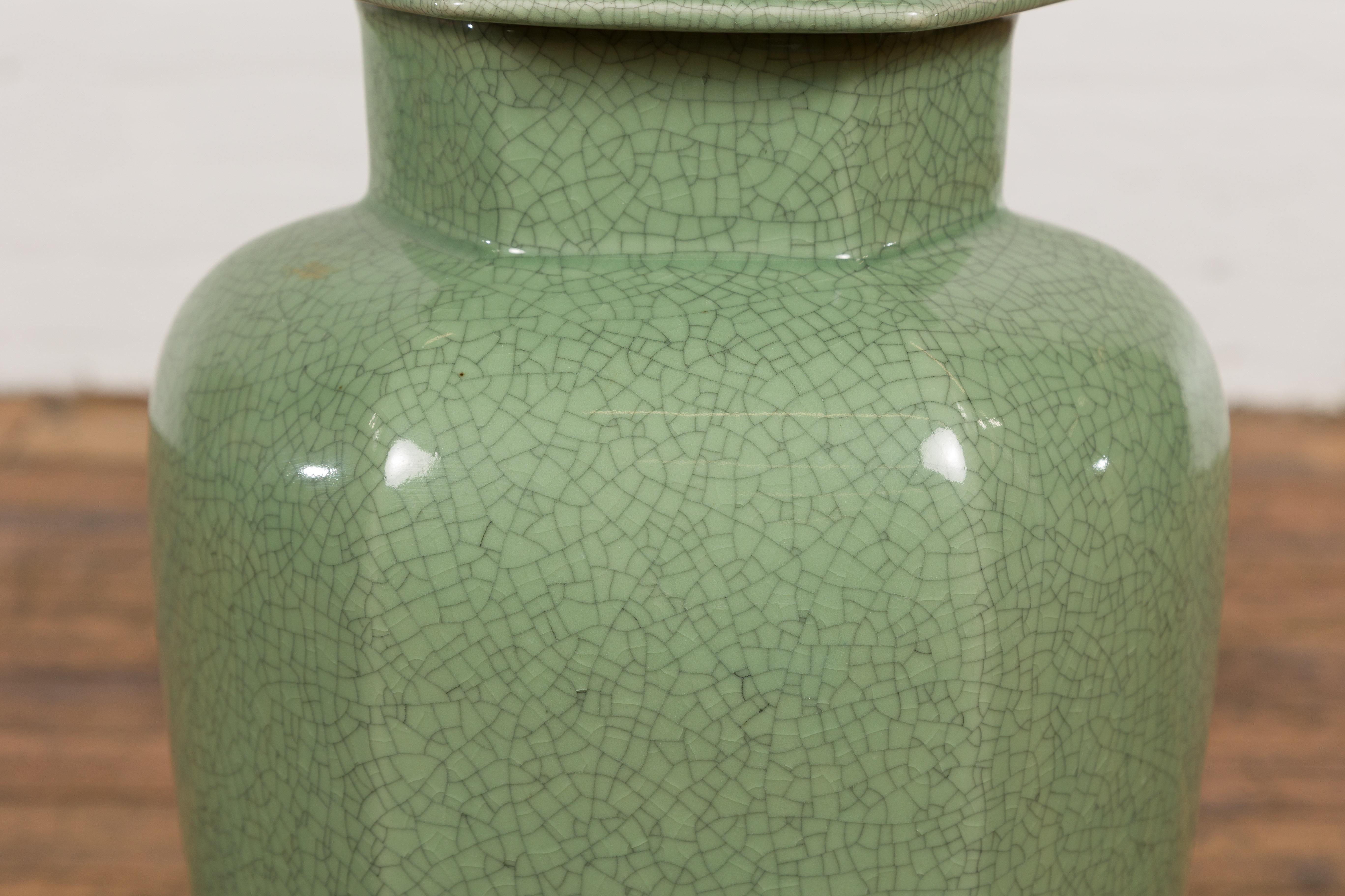 Chinese Vintage Celadon Color Altar Vase with Bud Top and Crackle Design For Sale 6