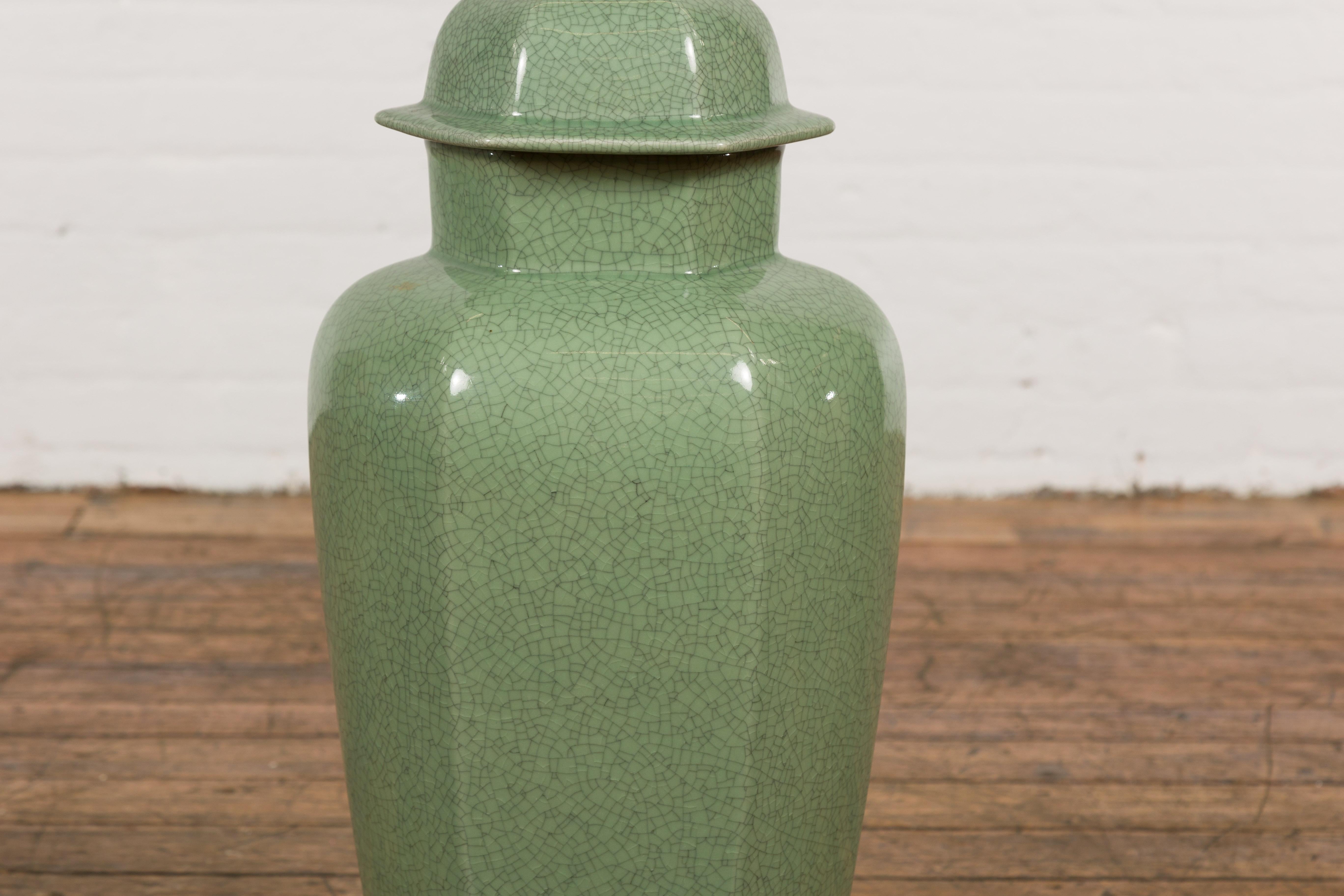 Chinese Vintage Celadon Color Altar Vase with Bud Top and Crackle Design For Sale 8