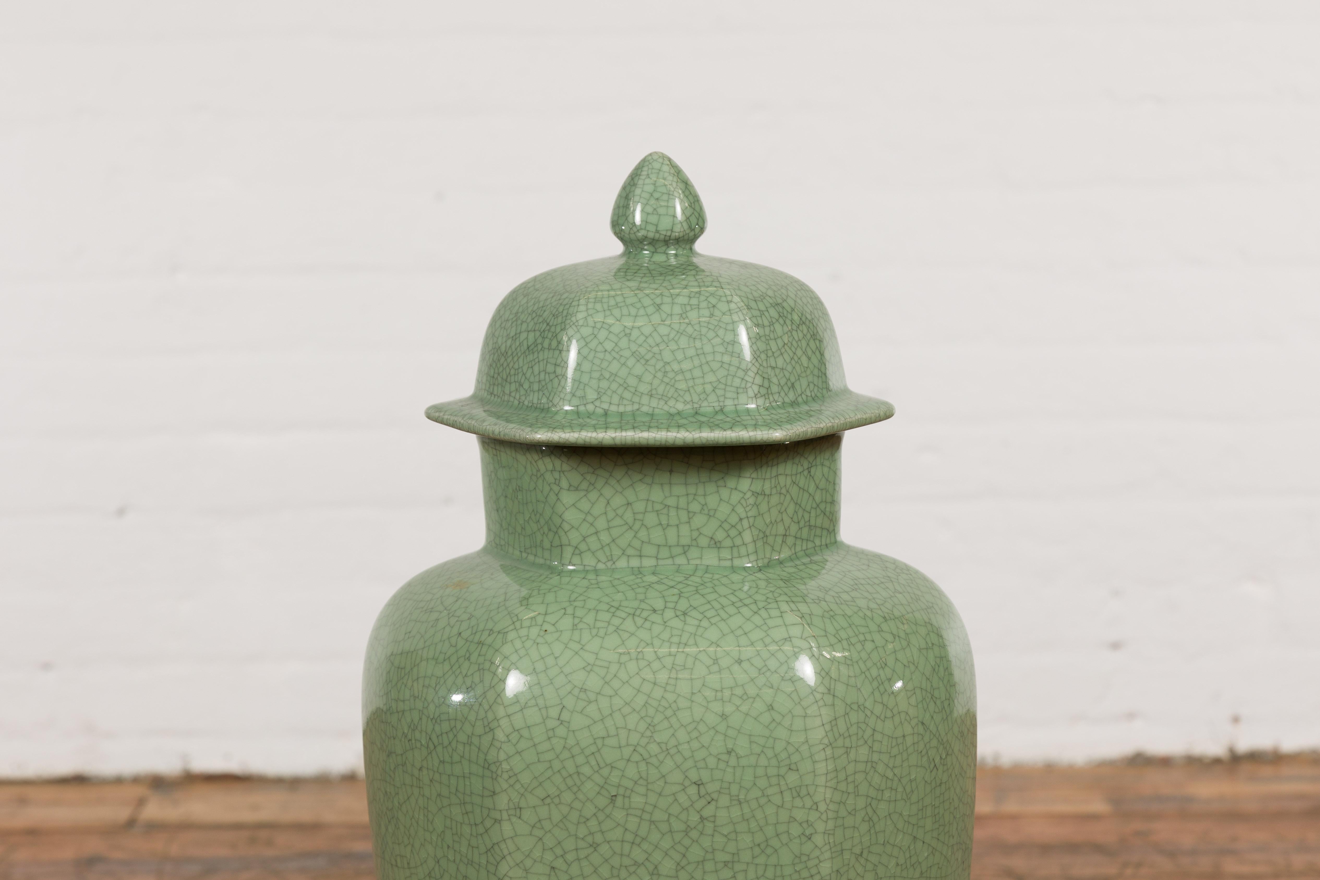 Chinese Vintage Celadon Color Altar Vase with Bud Top and Crackle Design For Sale 9