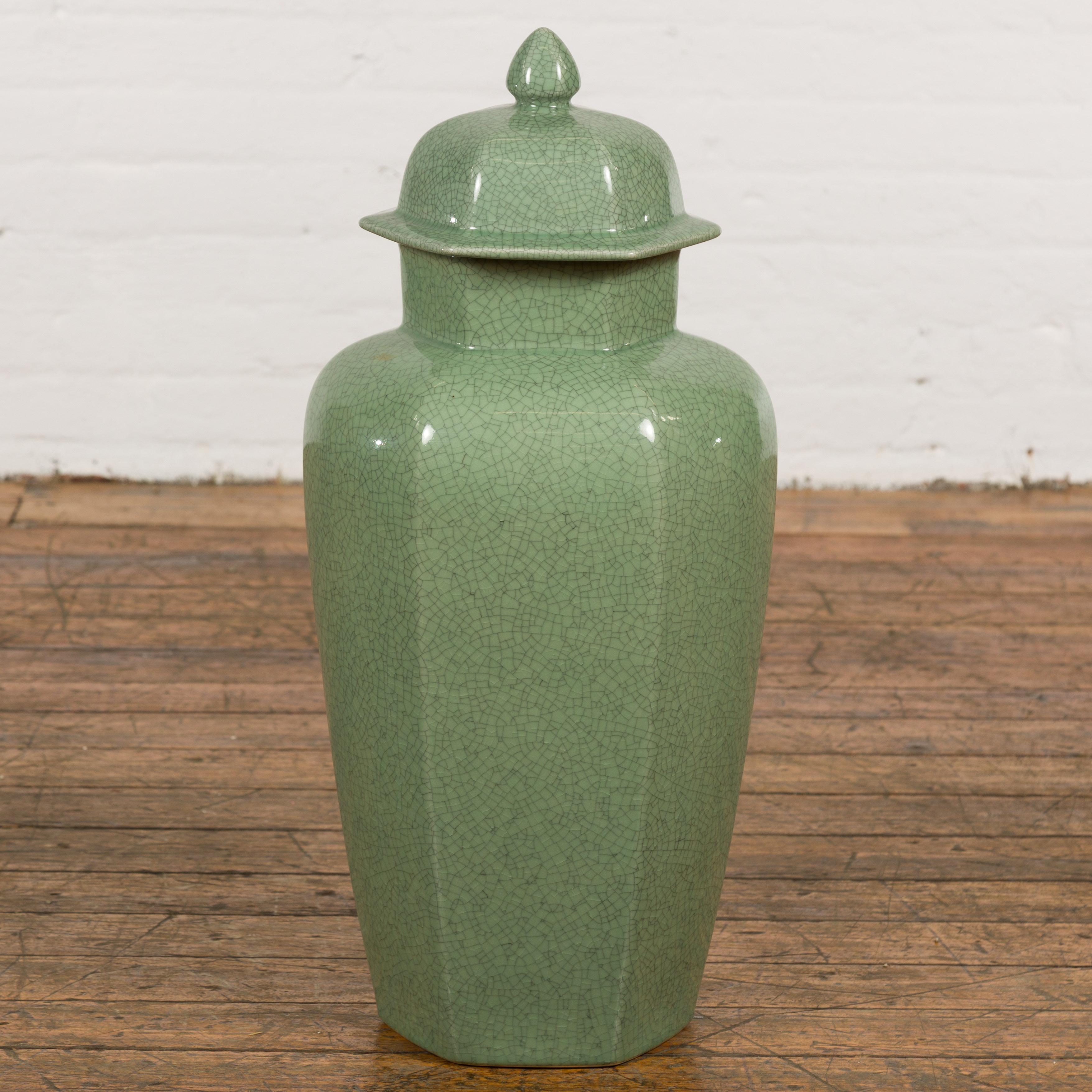 Chinese Vintage Celadon Color Altar Vase with Bud Top and Crackle Design For Sale 10