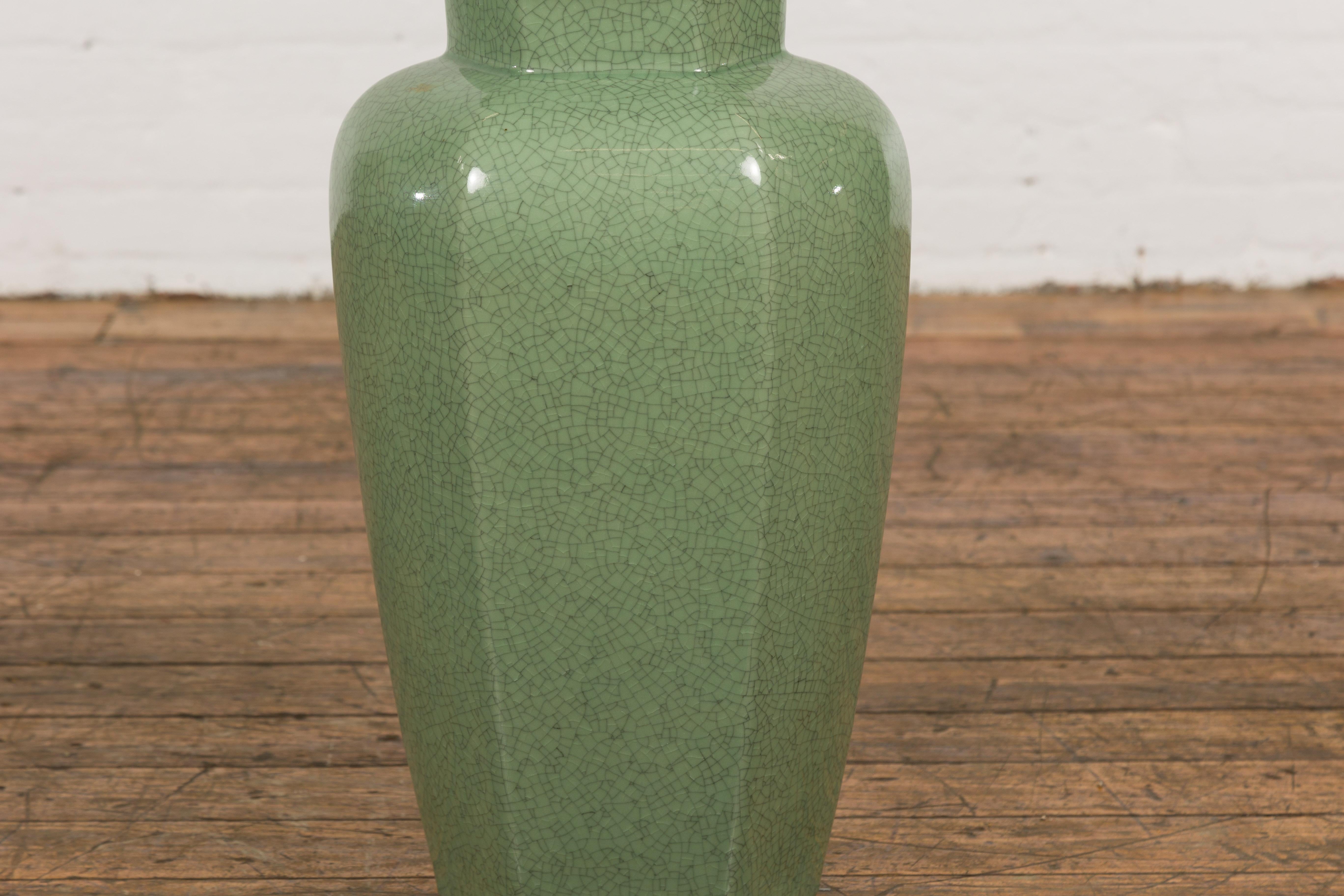 Chinese Vintage Celadon Color Altar Vase with Bud Top and Crackle Design For Sale 11