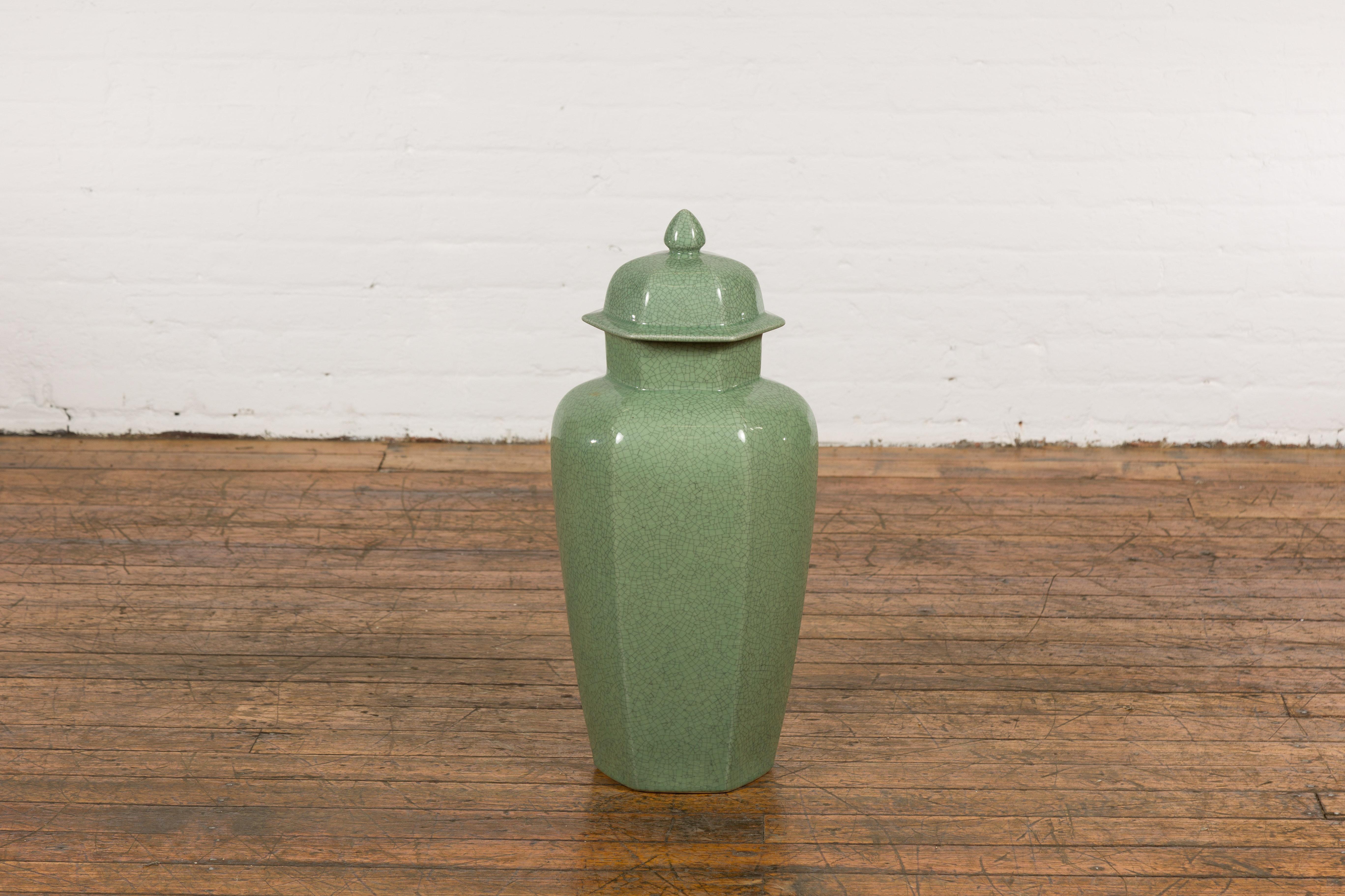 Chinese Vintage Celadon Color Altar Vase with Bud Top and Crackle Design For Sale 12