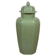 Chinesische Vintage Celadon-Farb-Altarvase mit Knospenaufsatz und Craquelé-Design