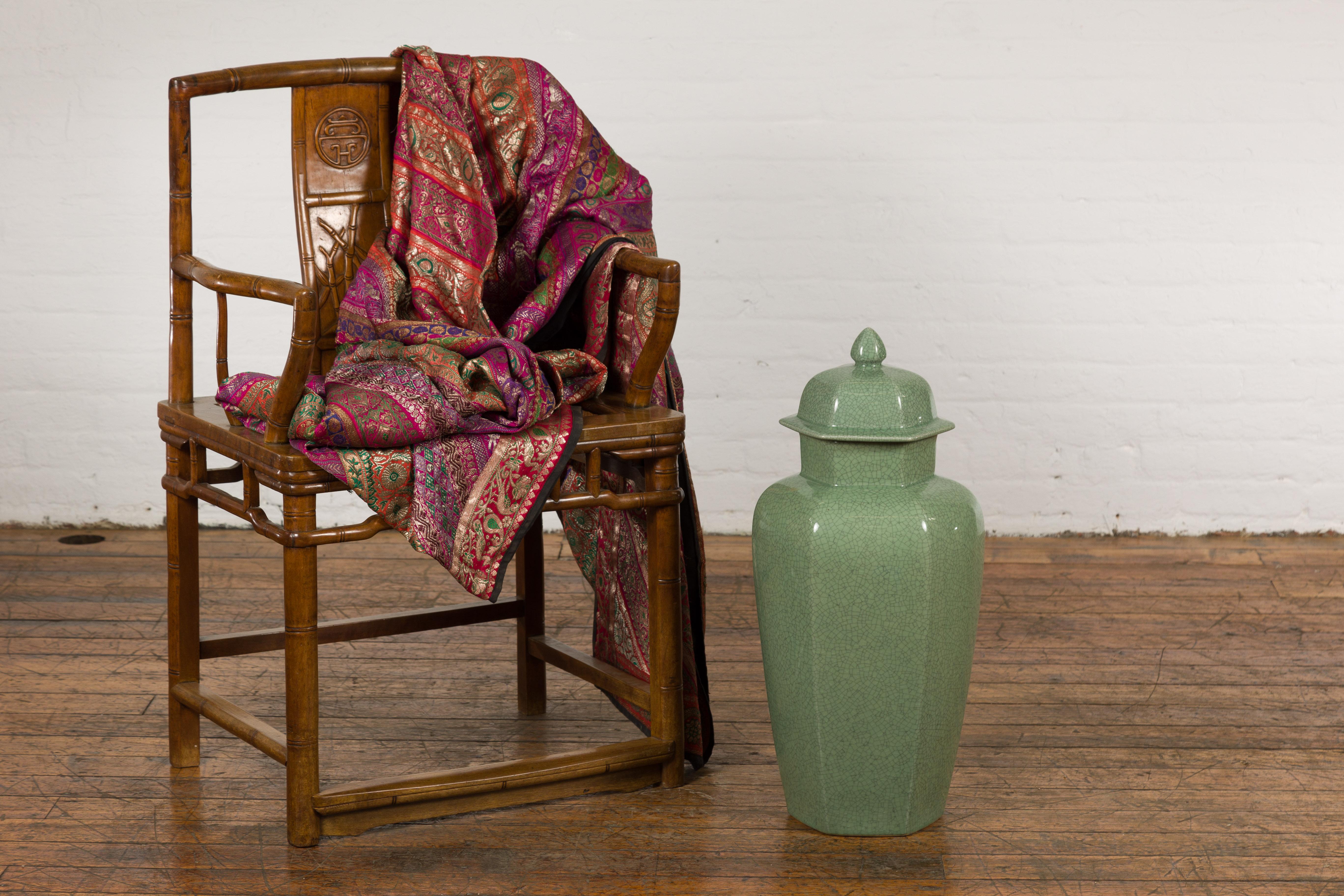 Glazed Chinese Vintage Celadon Color Altar Vase with Bud Top and Crackle Design For Sale