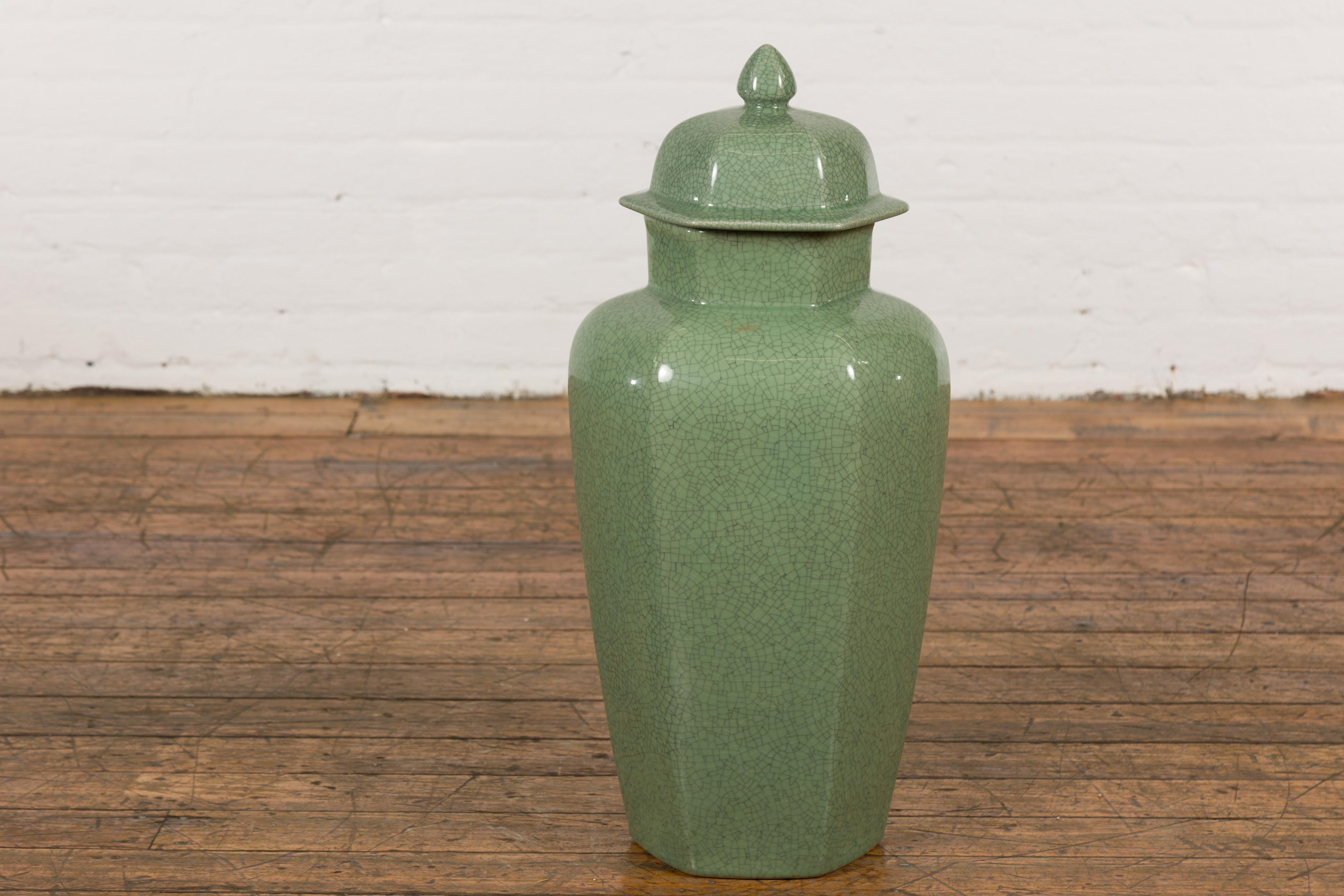Ceramic Chinese Vintage Celadon Color Altar Vase with Bud Top and Crackle Design For Sale