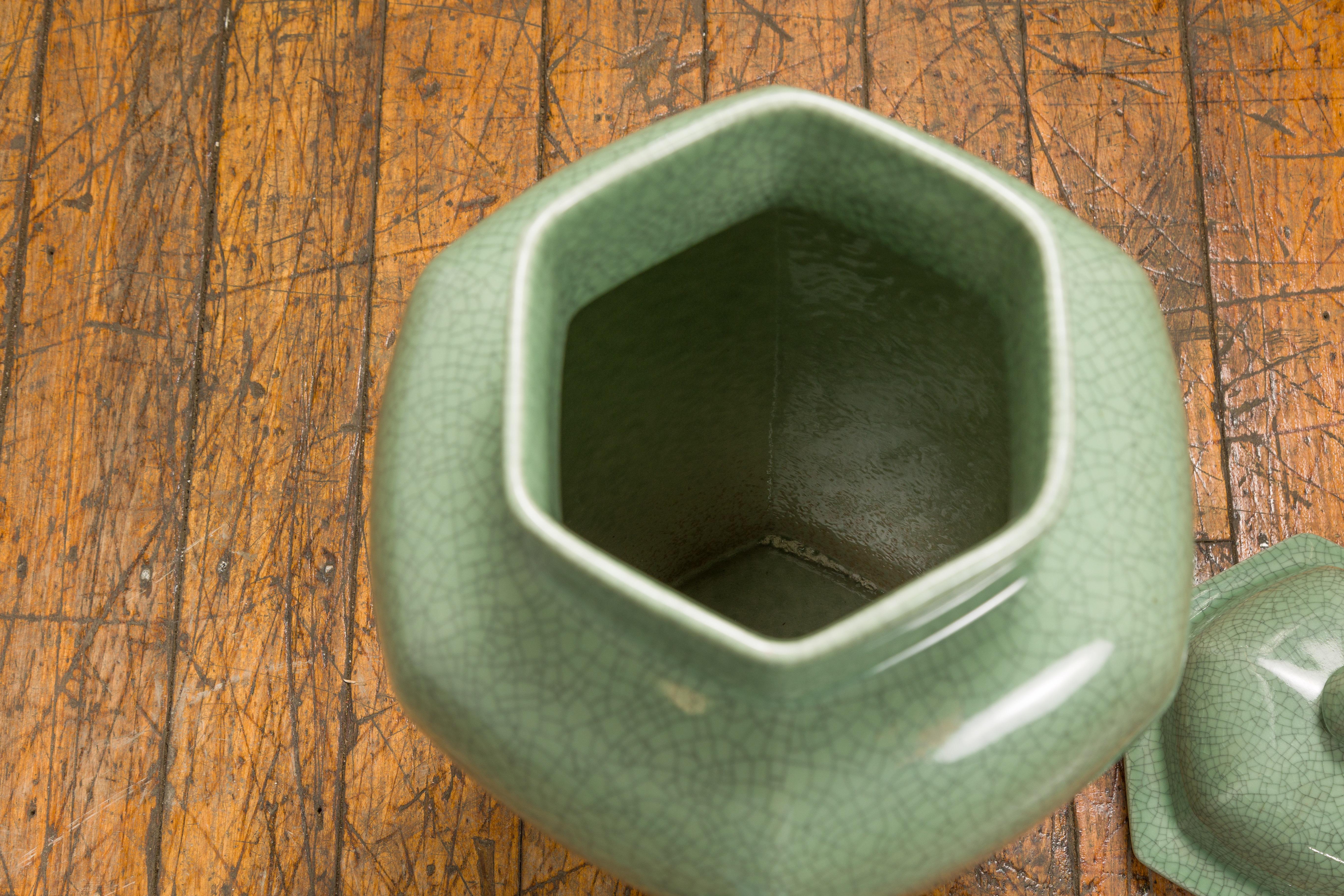 Chinese Vintage Celadon Color Altar Vase with Bud Top and Crackle Design For Sale 1