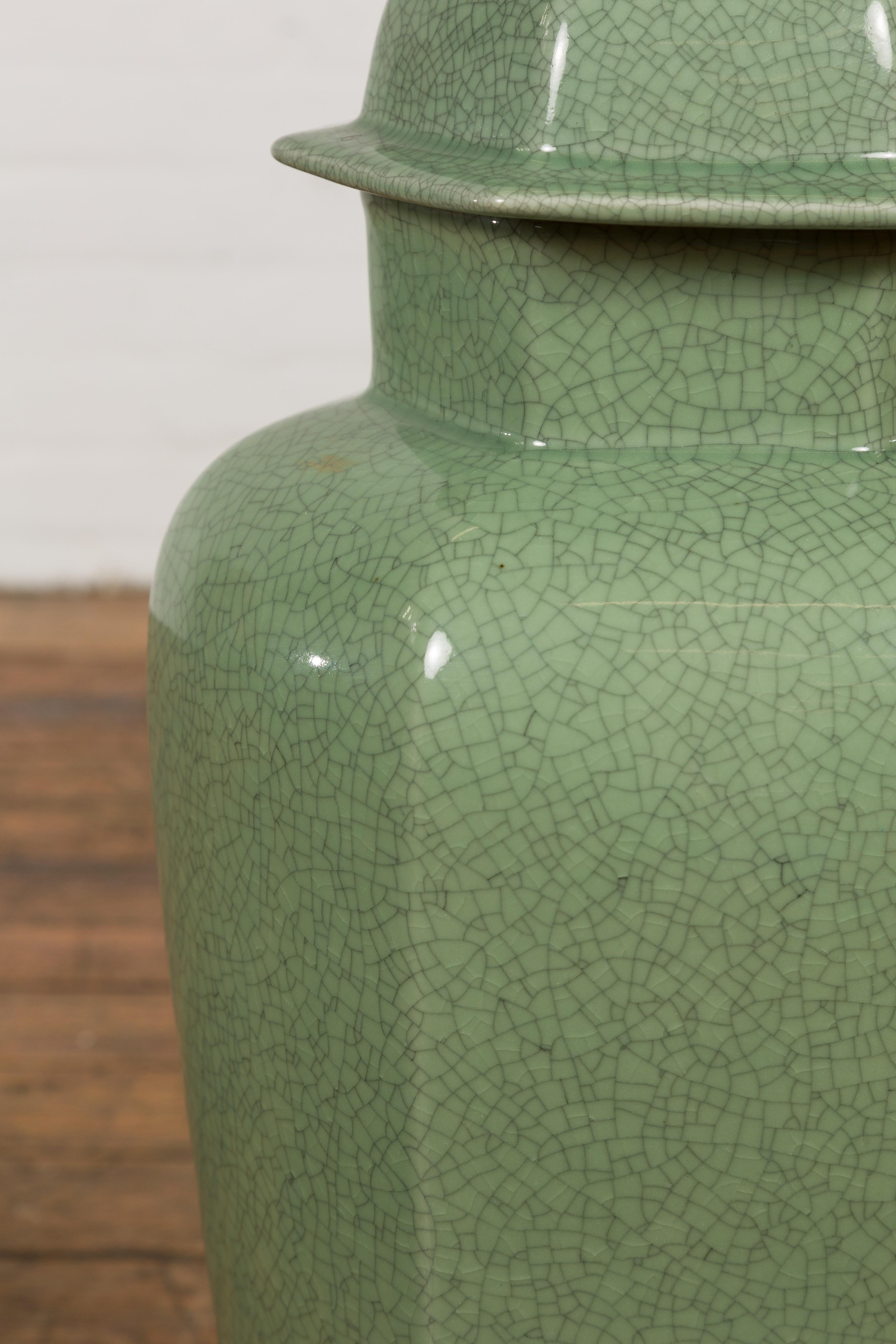 Chinese Vintage Celadon Color Altar Vase with Bud Top and Crackle Design For Sale 3