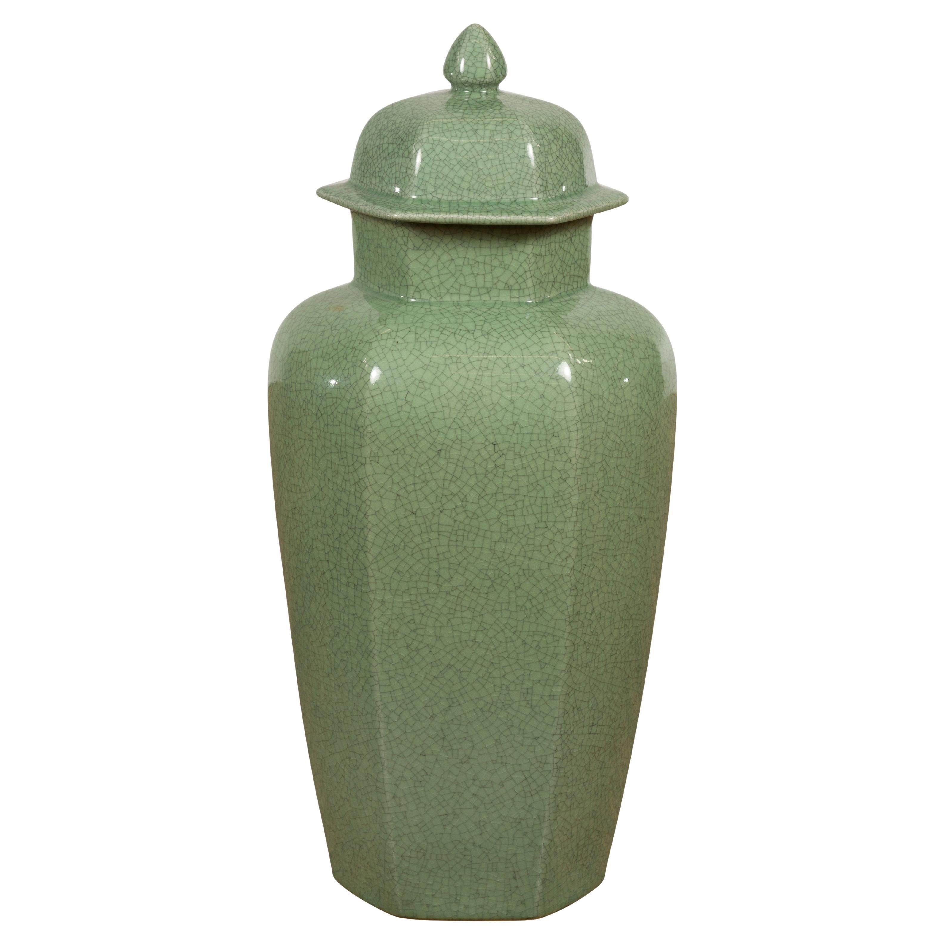 Chinese Vintage Celadon Color Altar Vase with Bud Top and Crackle Design For Sale
