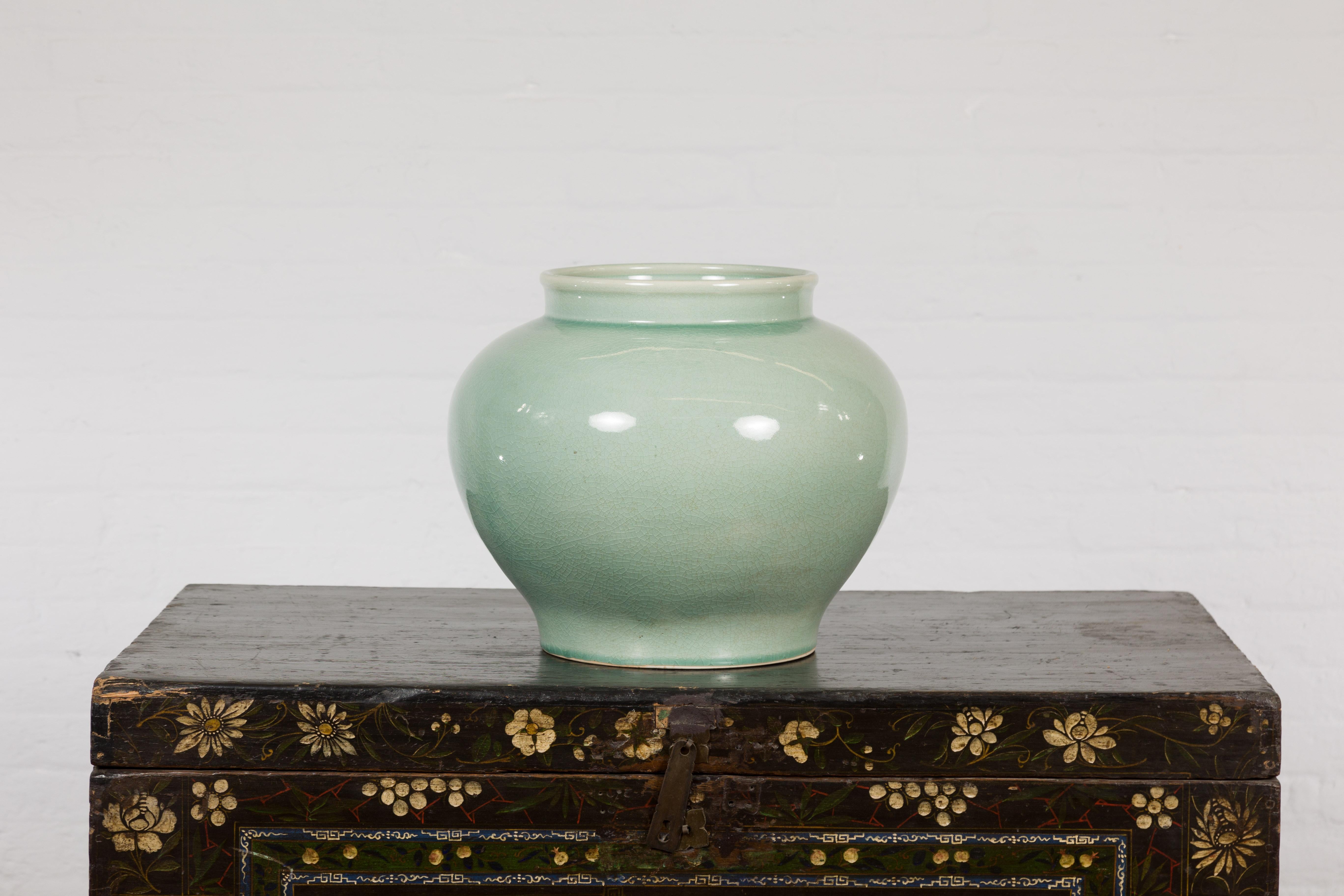 Glazed Chinese Vintage Celadon Color Circular Garden Planter with Crackle Design For Sale