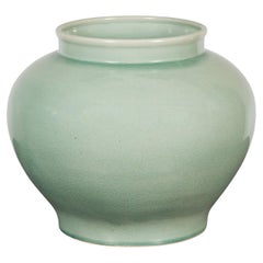 Chinese Used Celadon Color Circular Garden Planter with Crackle Design